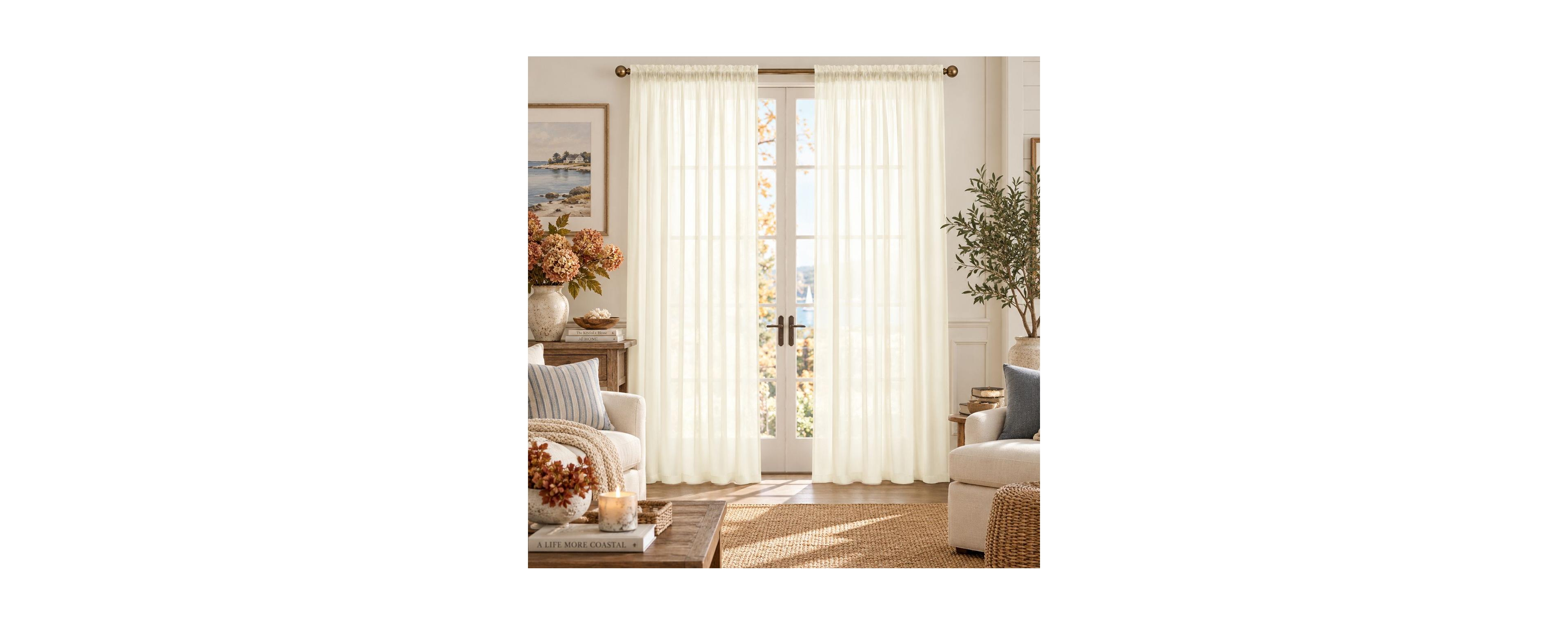 Kate Aurora Beige 2 Piece Ultra Lux Rod Pocket Sheer Curtain Panels For Extra Long Windows