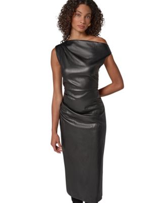 Women's Faux Leather Off-the-Shoulder Midi Dress