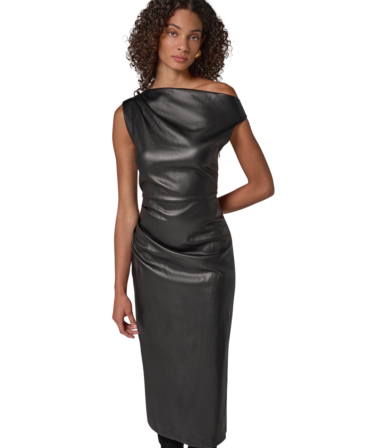 Donna Karan New York Women's Faux Leather Off-the-Shoulder Midi Dress - Black