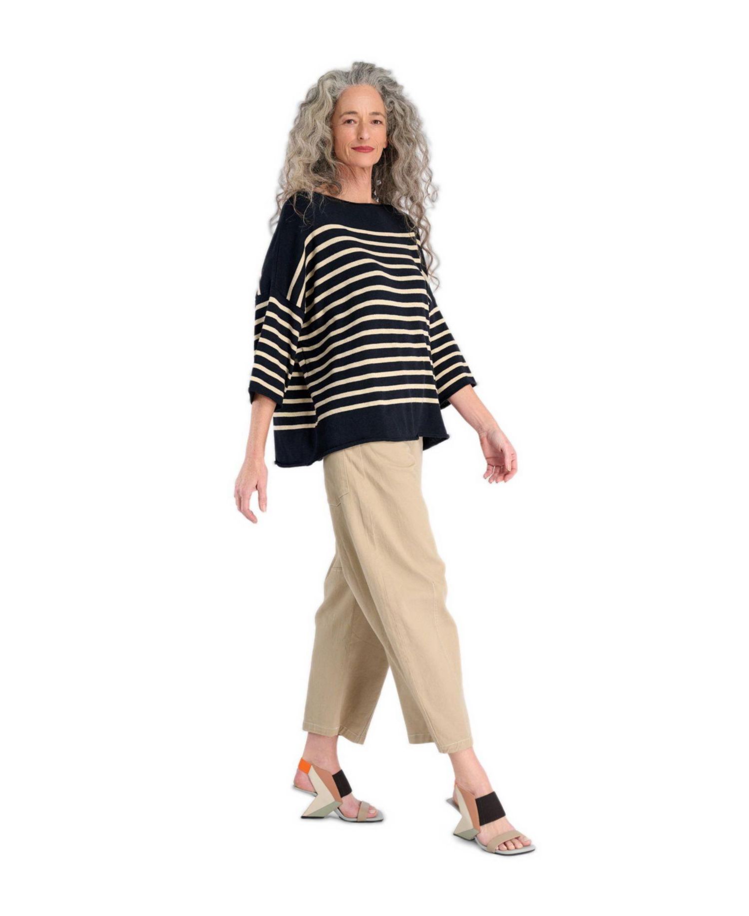 Women's Carolina Boat Neckline Striped 3/4-Sleeve Sweater