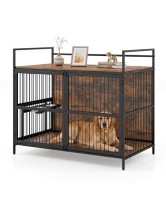 Wooden Dog Crate Height Adjustable and 360-Degree Rotatable Stainless Steel Bowls
