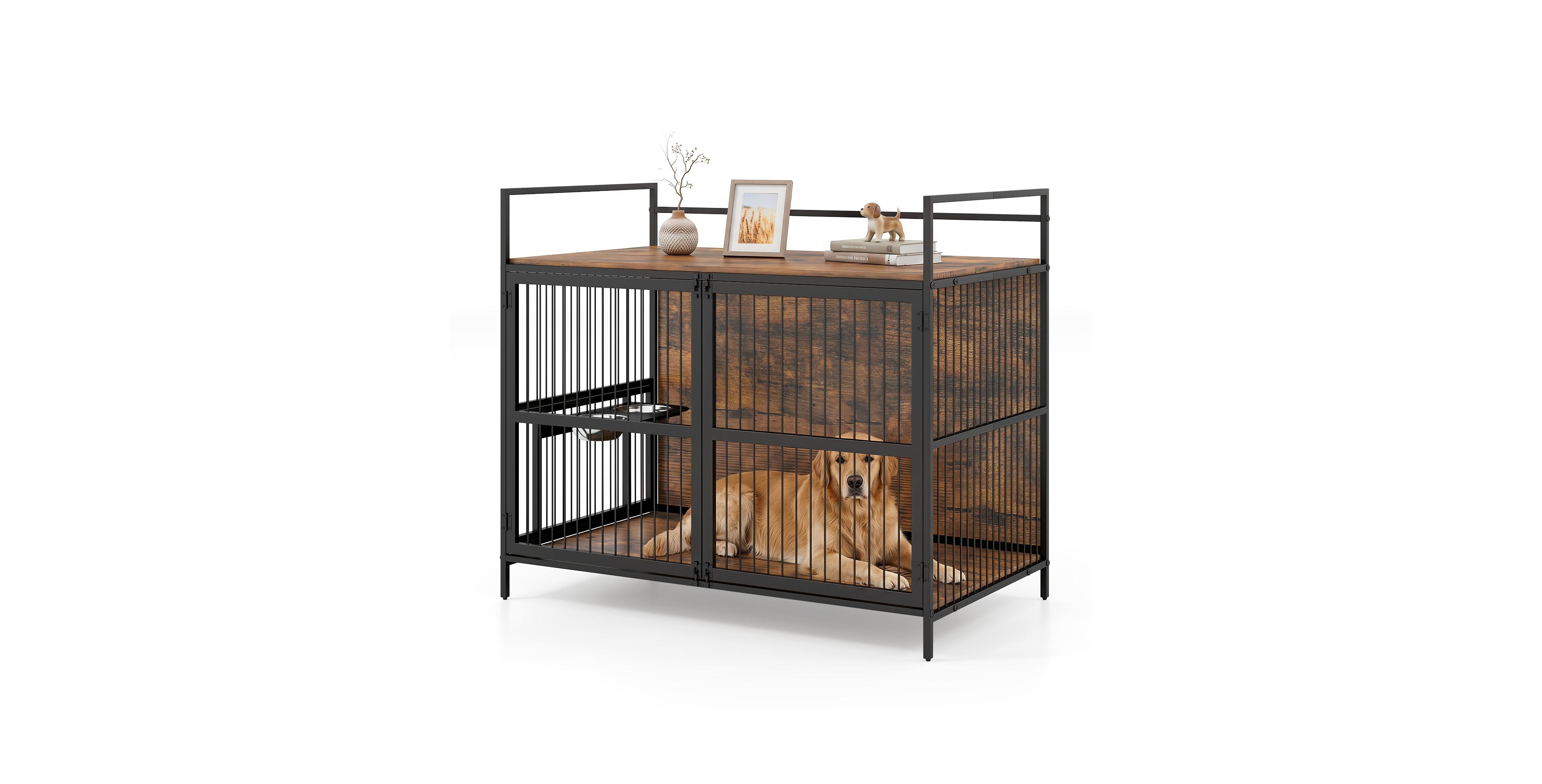 Gymax Wooden Dog Crate Height Adjustable and 360-Degree Rotatable Stainless Steel Bowls