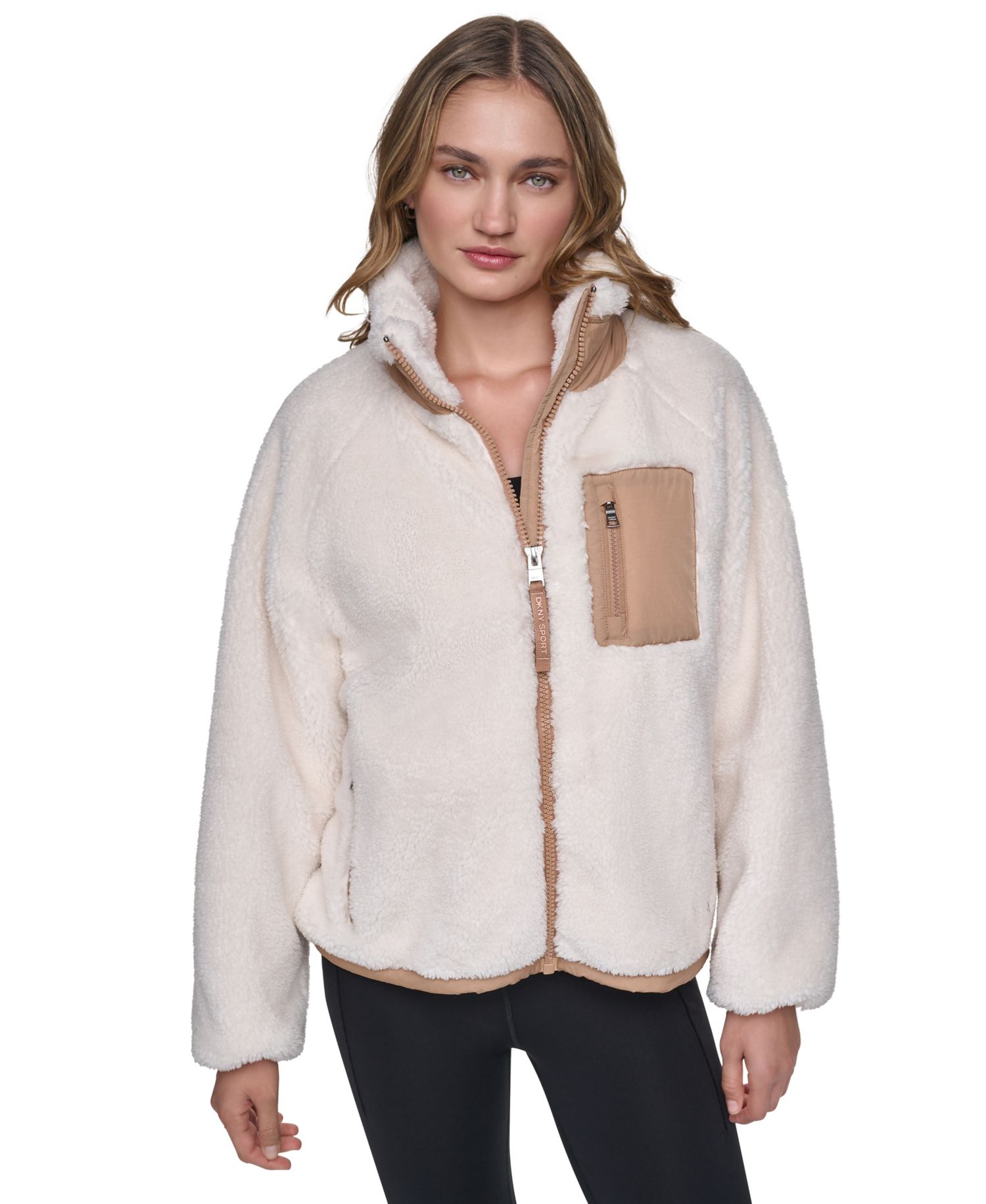 Women's Mock Neck Sherpa Jacket with Woven Piecing