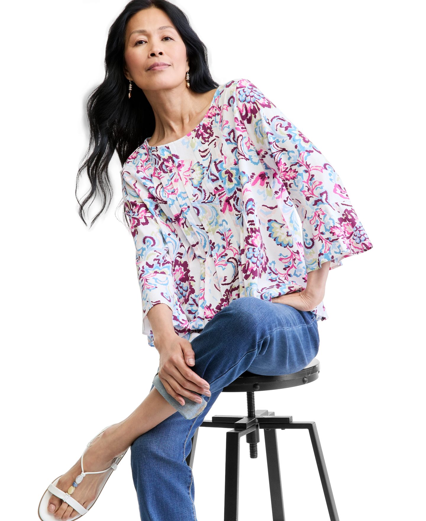 Женская блузка Style & Co Petite Pintuck Popover 3/4-Sleeve Floral-Print, цвет: Ванильный — фото 4