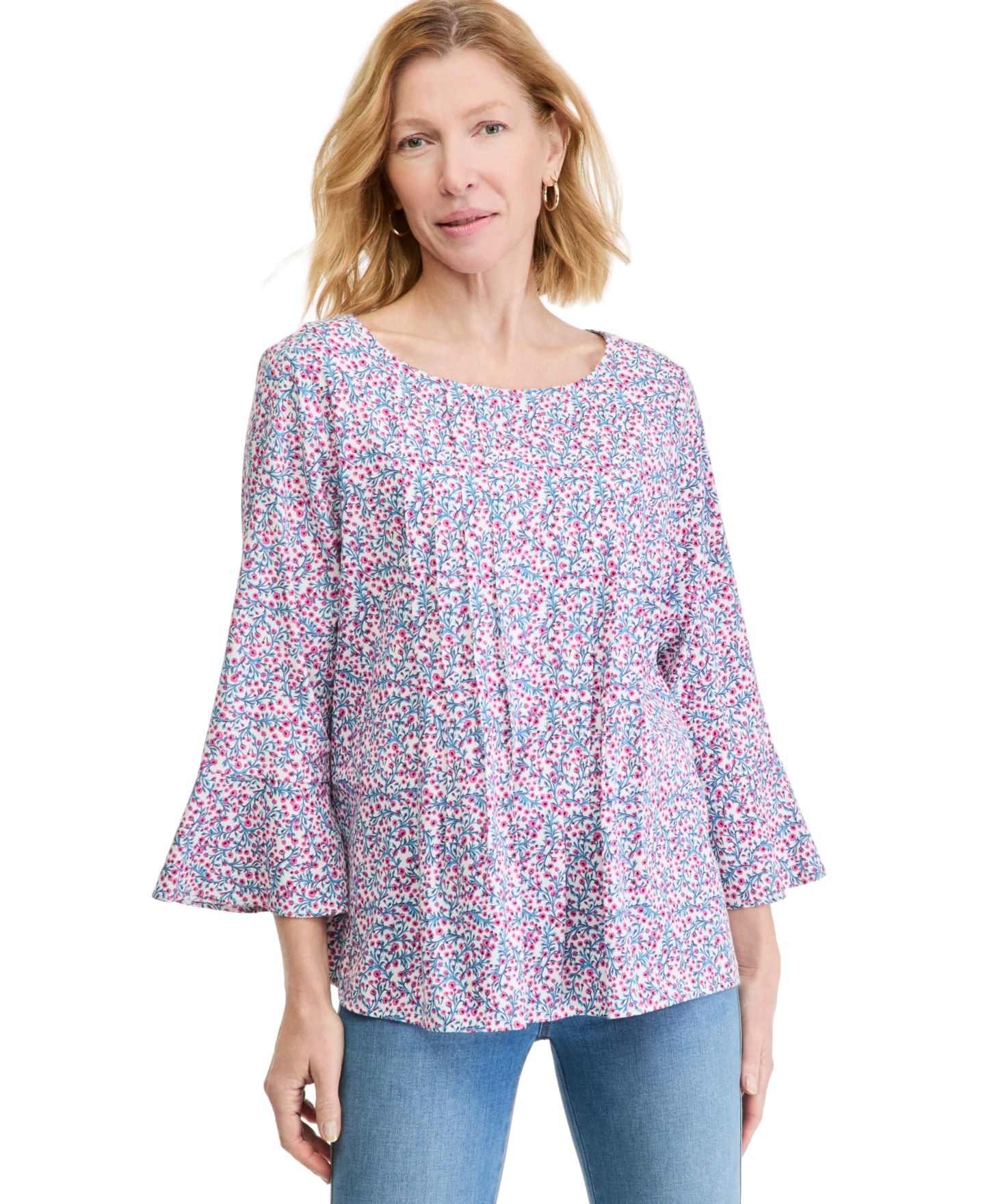 Женский топ Style & Co Printed Pintuck 3/4-Sleeve, цвет: Ванильный — фото 1