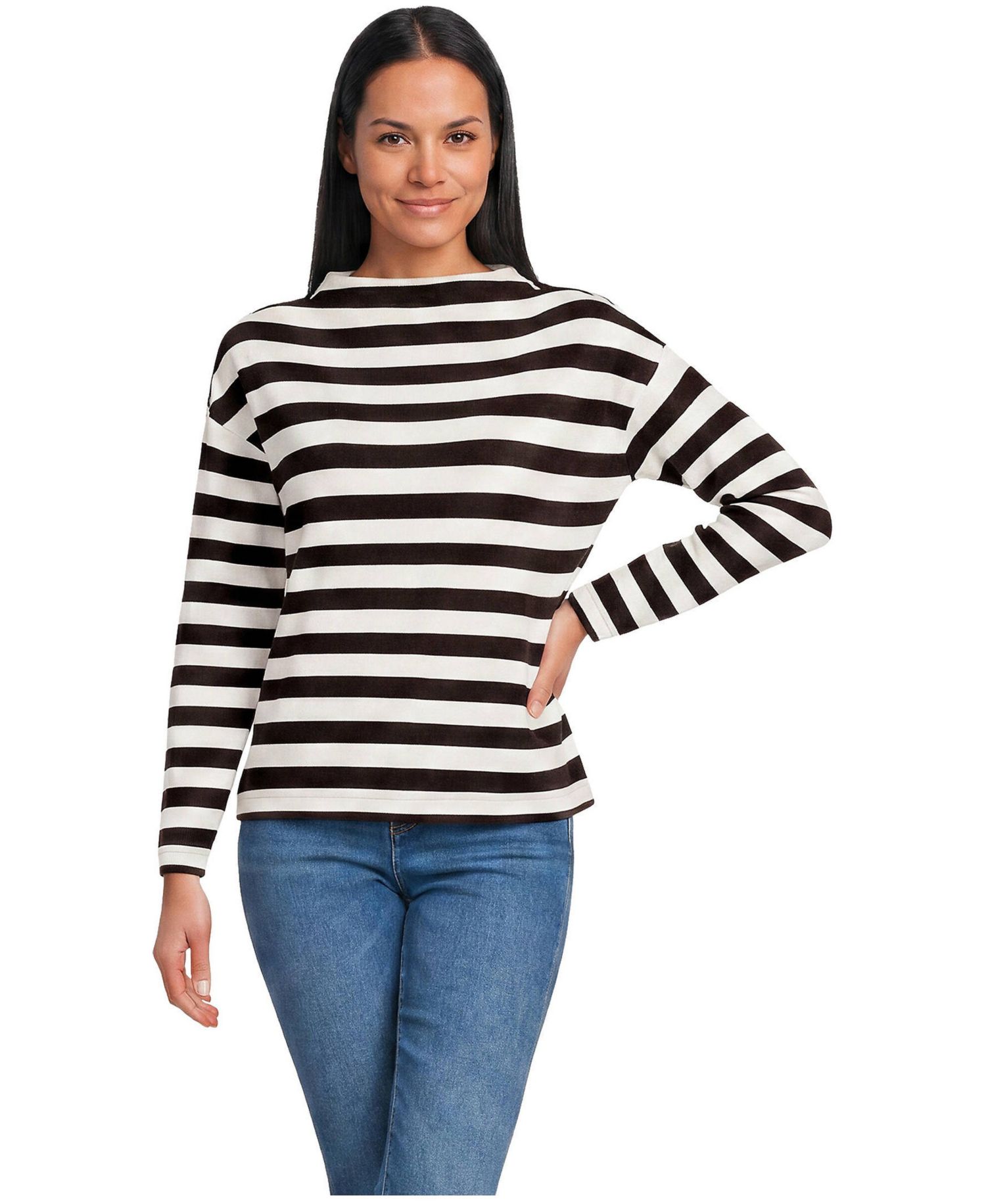 Women's Mariner Striped Funnel-Neck Drop-Shoulder Long-Sleeve T-Shirt