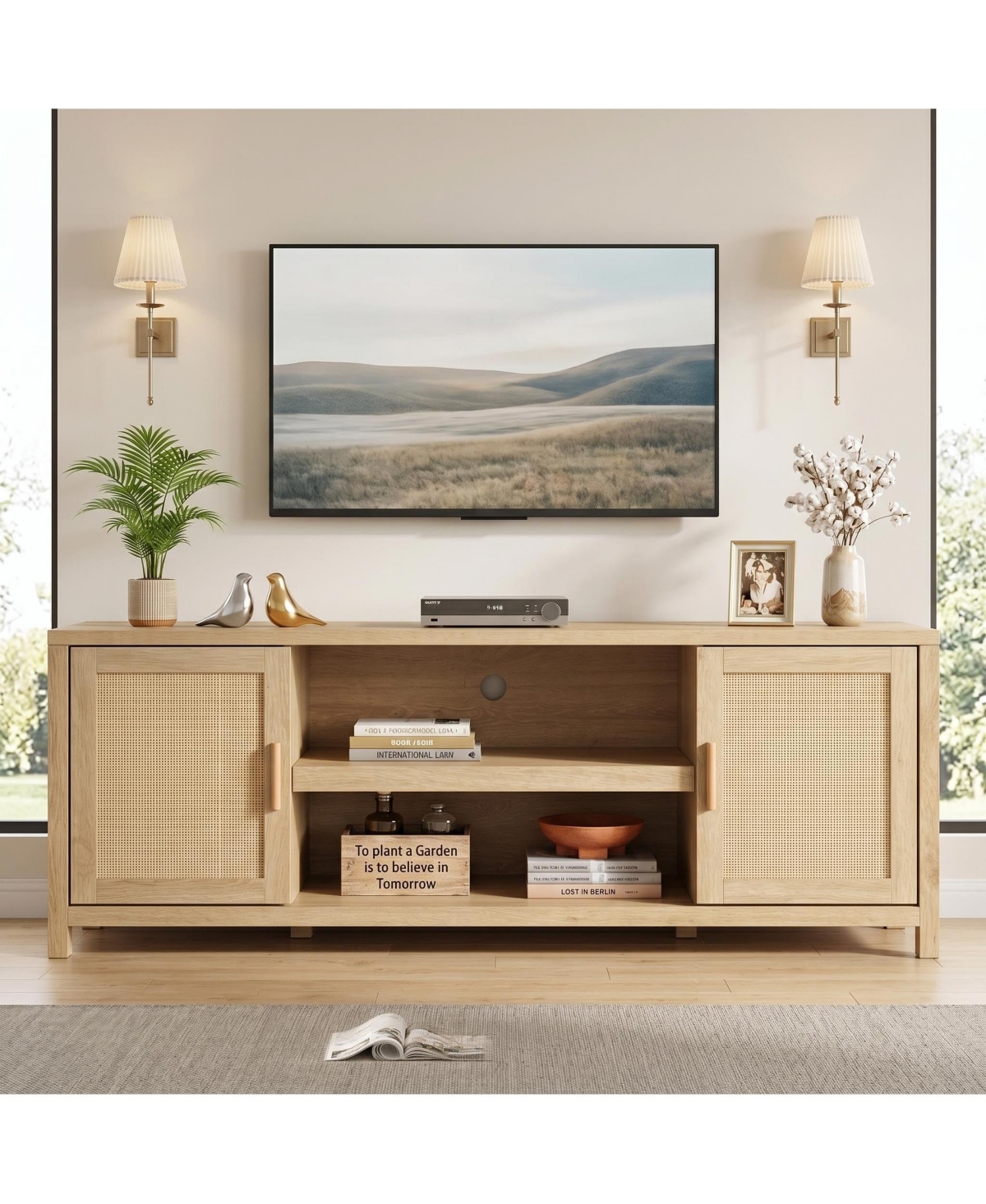 Gaomon 66 Inch Rattan Media Console With Storage Cabinet, Boho Style Tv Stand Featuring High Capacity Space And Adjustable Shelves