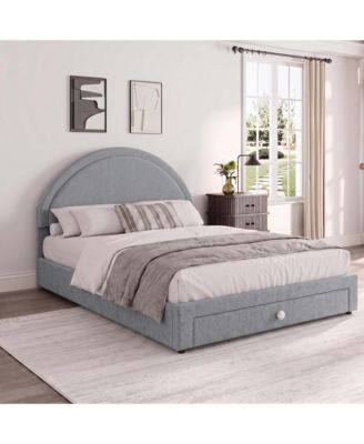 Queen Size Chenille Upholstered Bed Frame with Storage Drawer Curved Arched Headboard Heavy Duty No Box Spring Needed for Bedroom