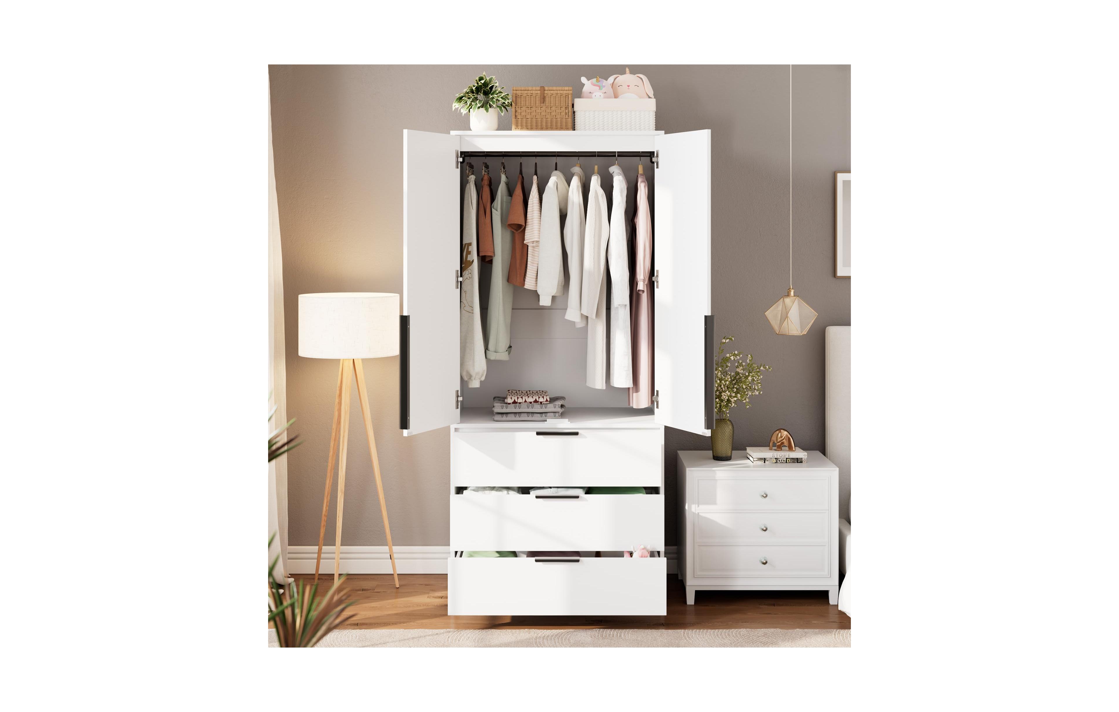 homfan Wooden Armoire Wardrobe Closet with Rattan Doors 3 Drawers Hanging Rod 69.5 Inch Tall Storage Cabinet for Bedroom