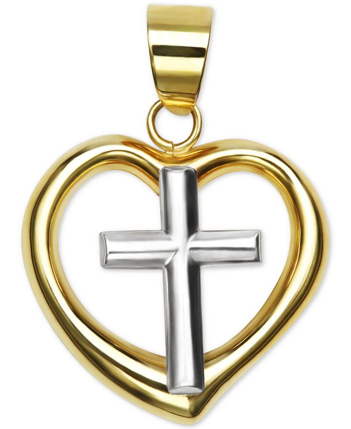 Macy's - Polished Two-Tone Heart Cross Pendant in 14k Yellow and White Gold