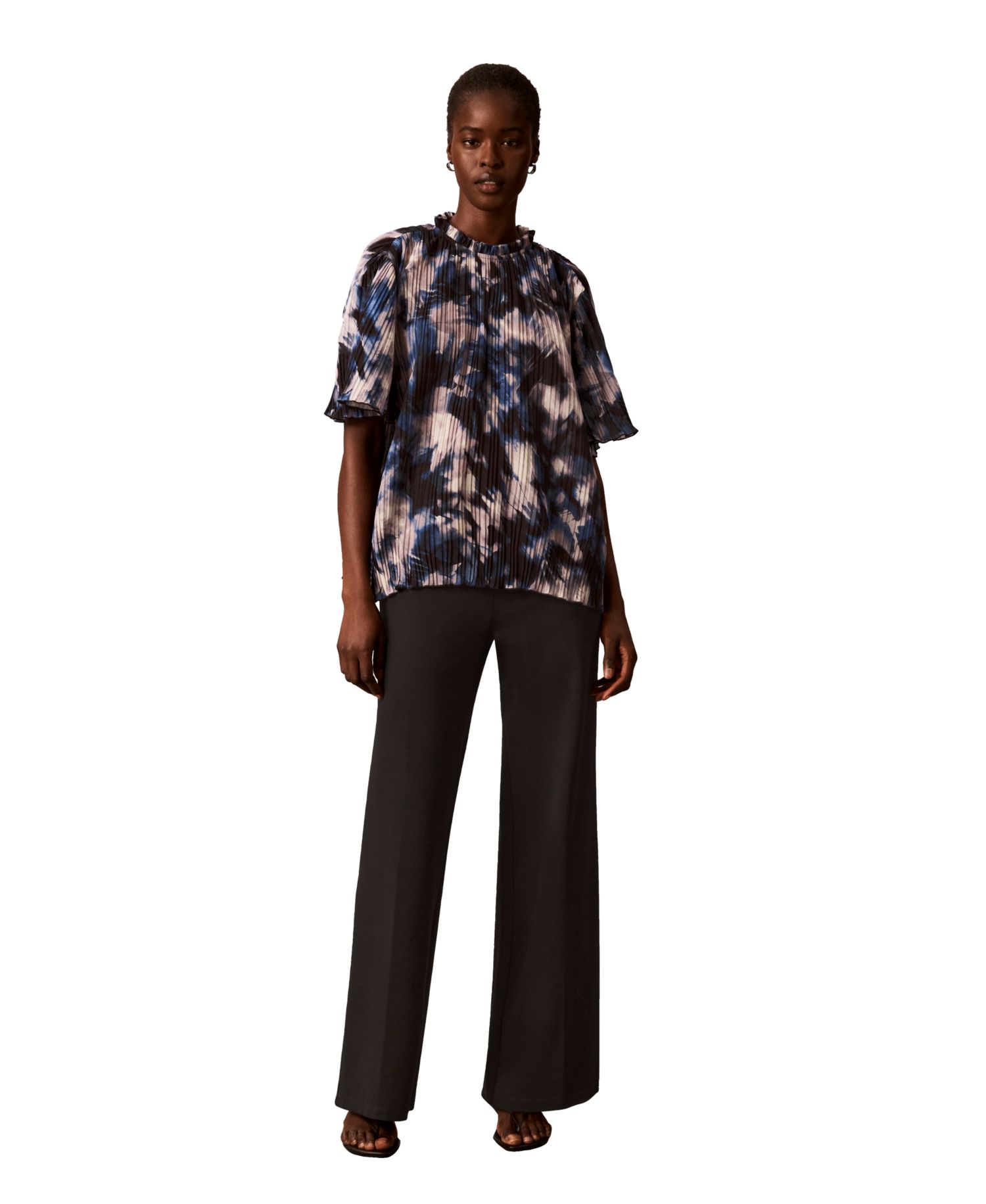 Women's Short-Sleeve Ruffle-Neck Pleated Blouse