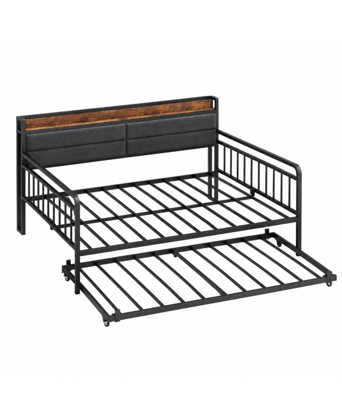 Slickblue Metal Daybed Frame with Upholstered Headboard and Trundle for Home - Black