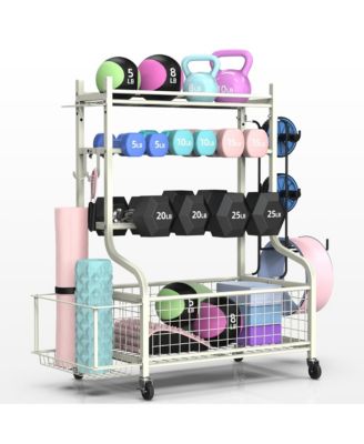All In One Workout Dumbbell Storage Rack With Wheels Hooks Steel