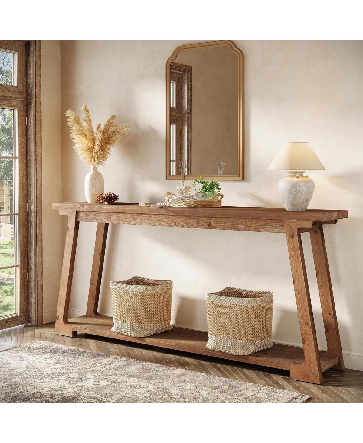 Tribesigns Farmhouse Solid Wood Console Table with 2-Tier Storage - Retro brown