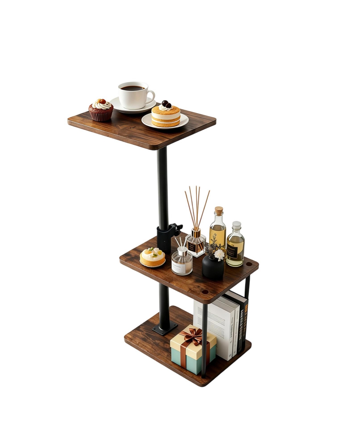 gaomon 360degree(s) Swivel C-Shaped End Table, 3-Tier Nightstand with Storage Shelf, Space-Saving Tv Tray for Living Room and Bedroom - Brown