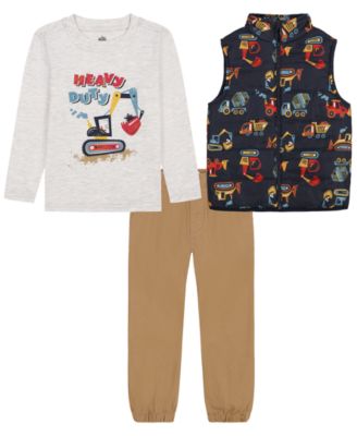 Toddler Boys' 2T-5T Construction Vehicle Graphic Puffer Vest, T-Shirt, and Joggers, 3-Piece Set