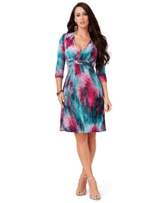 Women's Multicolor Print Wrap-Front Mini Dress, 3/4 Sleeve Beach Cover-Up
