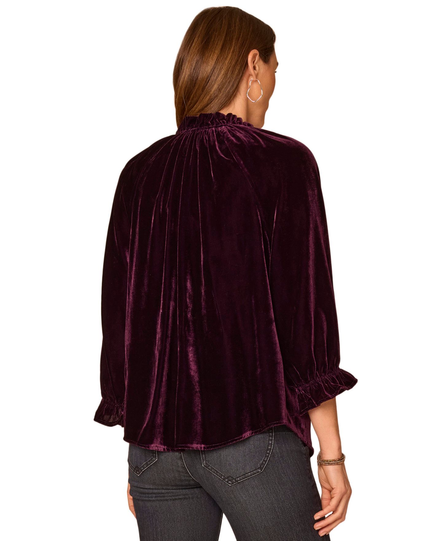 Женская блузка Democracy Petite 3/4-Sleeve Velvet Split-Neck Blouse, цвет: Баклажановый — фото 3
