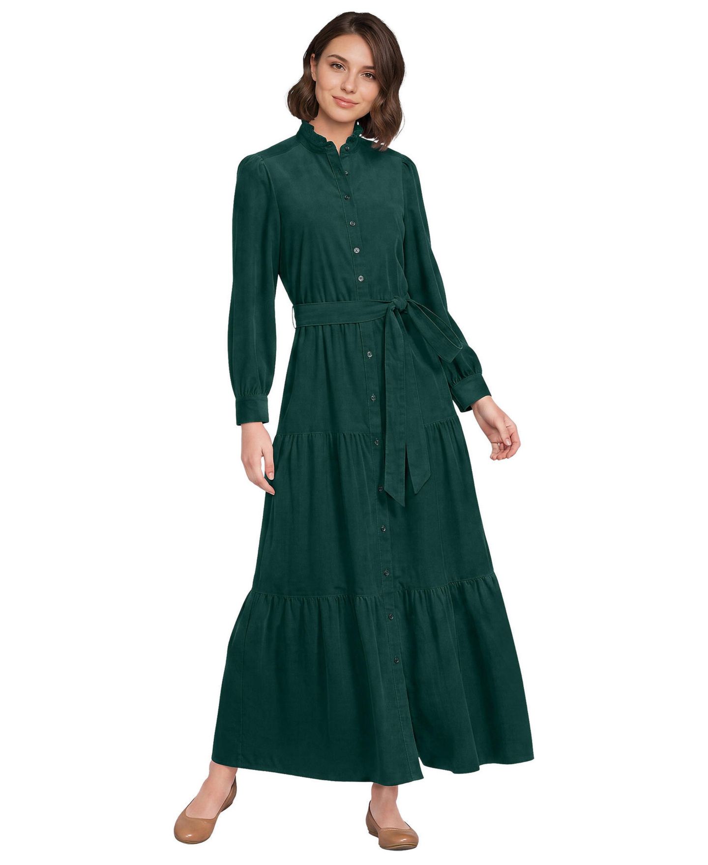 Женское платье Lands' End Tiered Corduroy Long-Sleeve, цвет: Вечнозелёный — фото 1