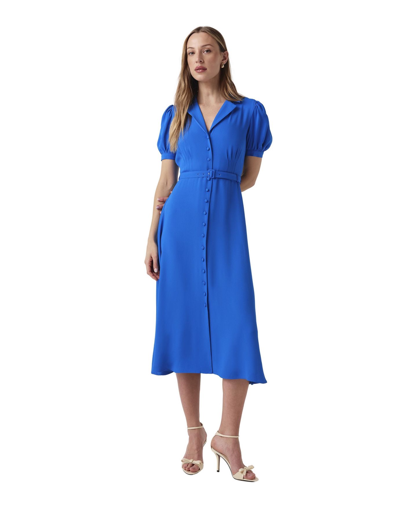 Женское платье Ghost London Phoebe Puff-Sleeve Belted Midi Shirt Dress, цвет: Синий — фото 2