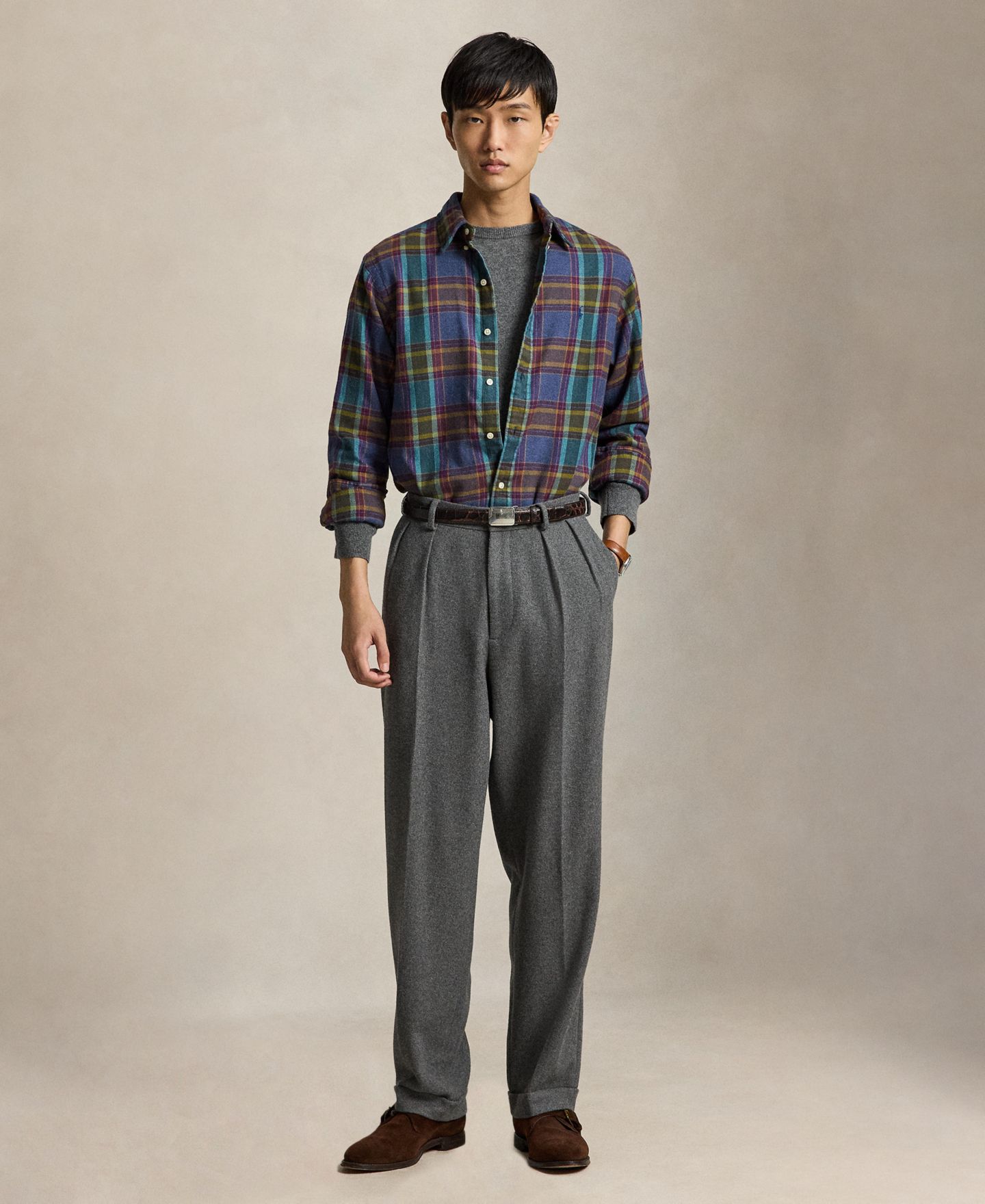Мужская рубашка Polo Ralph Lauren Long-Sleeve Plaid Brushed Flannel, цвет: Синий фиолетовый меланжевый разноцветный — фото 2