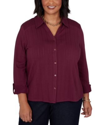 Plus Size Striped Roll-Tab Button-Front Blouse