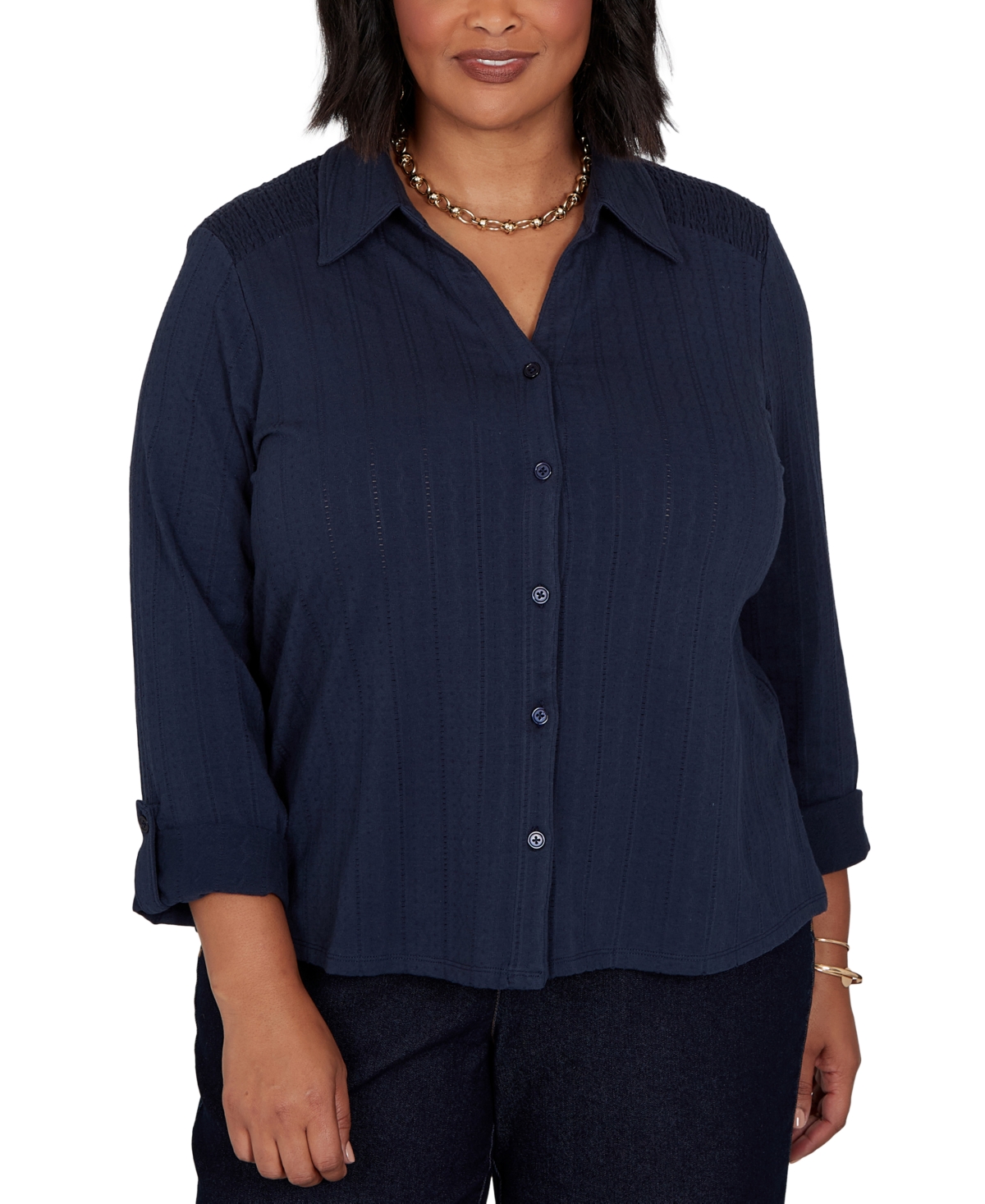 Ruby Rd. Plus Striped Roll-Tab Button-Front Blouse