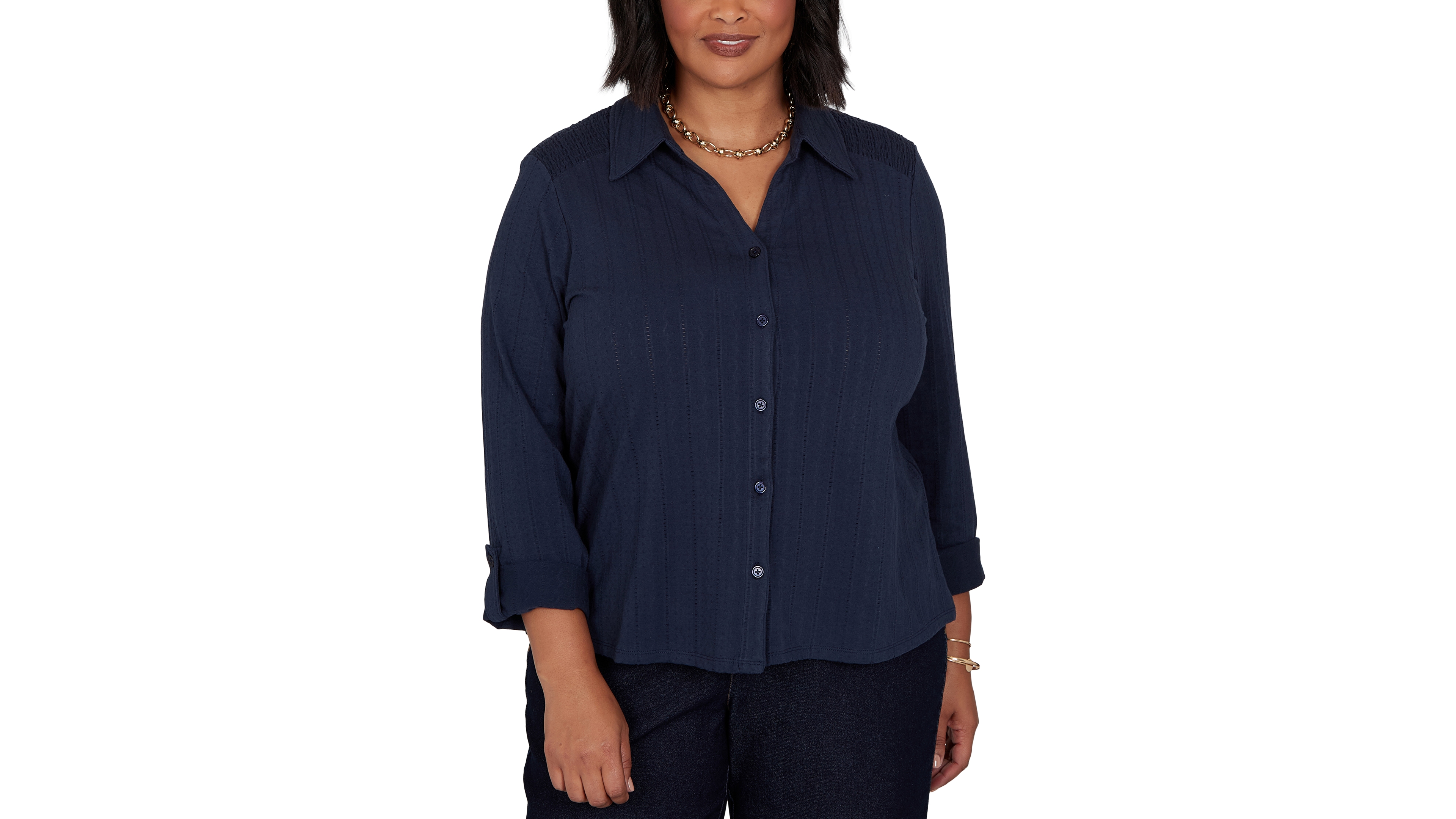Ruby Rd. Plus Striped Roll-Tab Button-Front Blouse