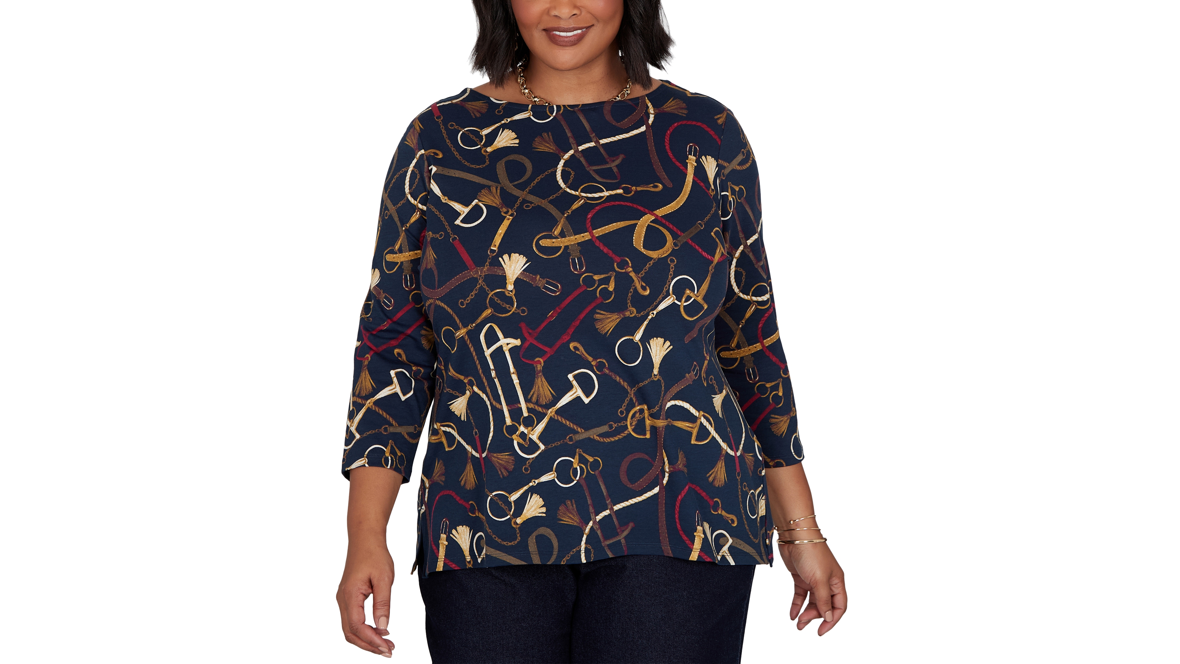 Ruby Rd. Plus Size Equestrian Boat Neck 3/4-Sleeve Top