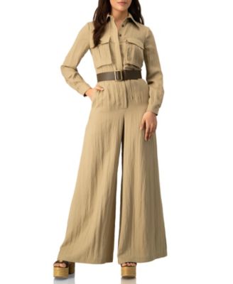 Women's Long Sleeve Button-Front Safari Utility Wide-Leg Jumpsuit