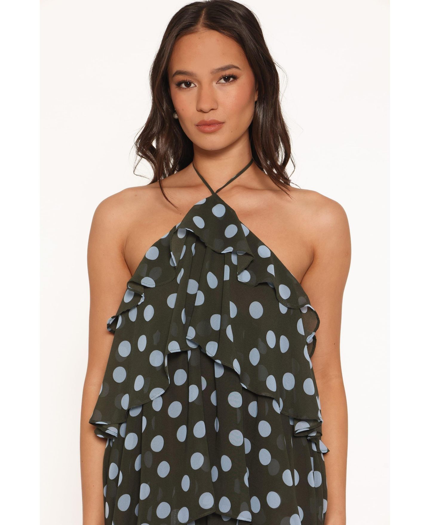 Женское платье Petal and Pup Chasity Halter Tiered-Ruffle Maxi, цвет: Оливковый в горошек — фото 4