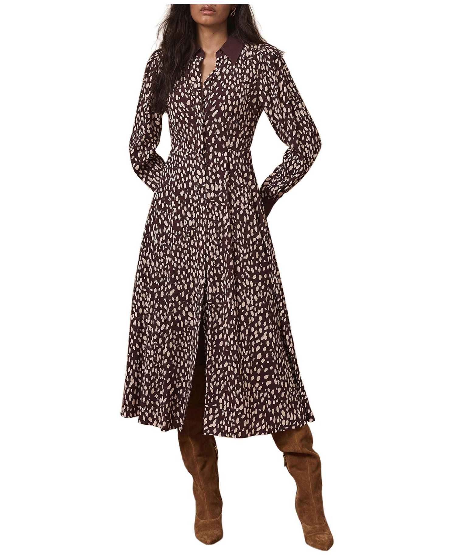 Women's Printed Contrast Midi Shirt Dress