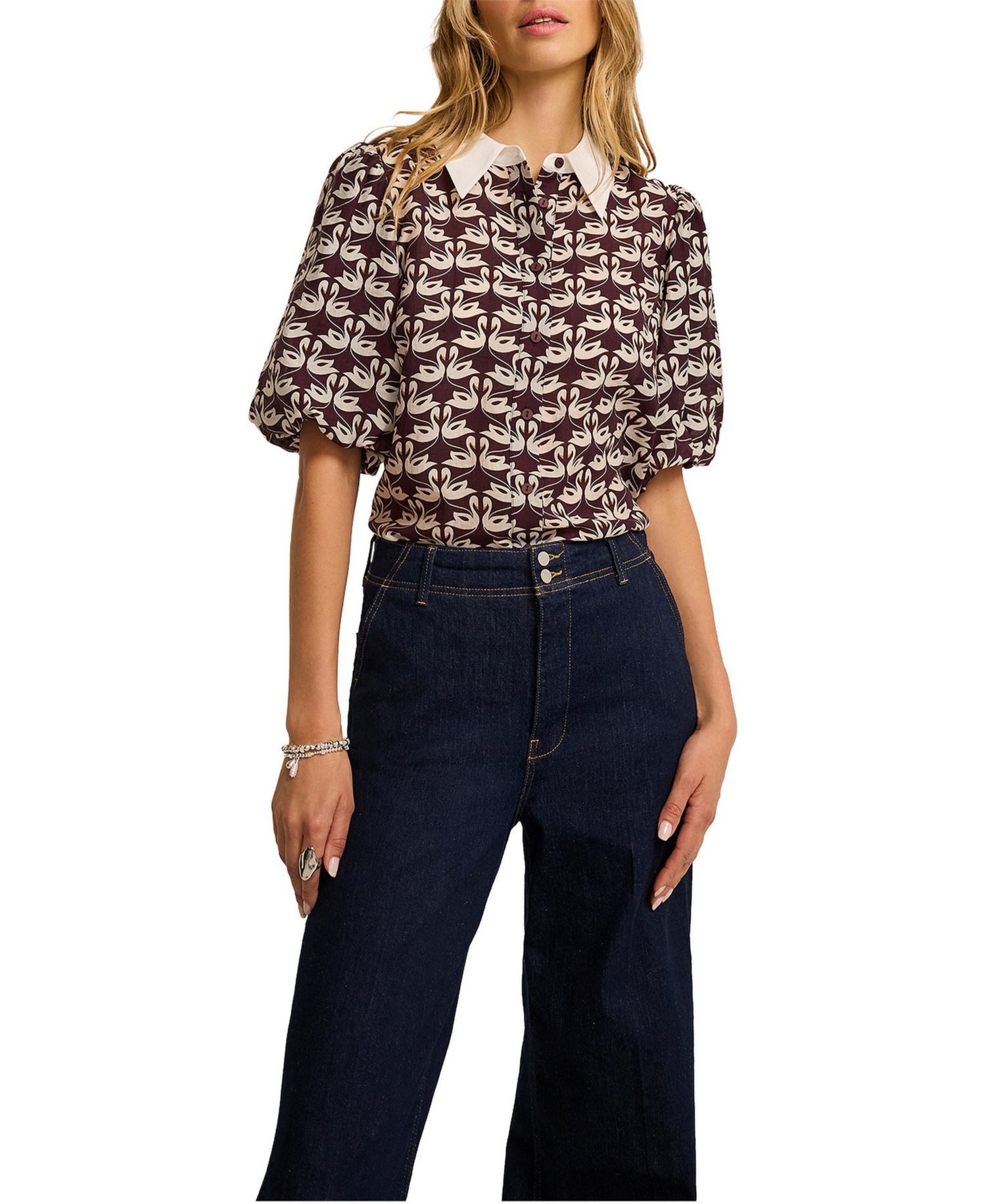 Women's Swan Print Puff Sleeve Blouse