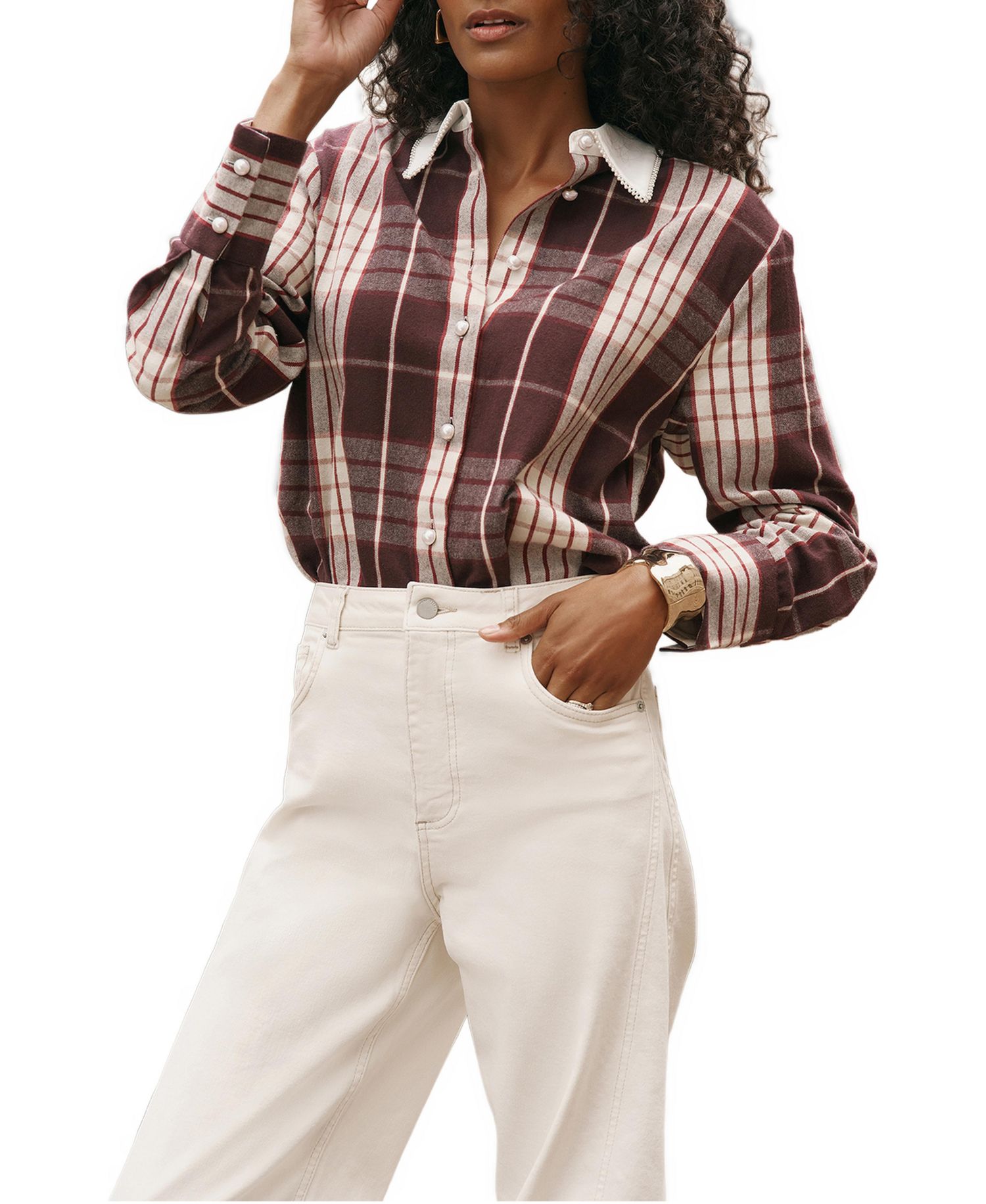 Women's Plaid Long-Sleeve Pearl-Trim Shirt