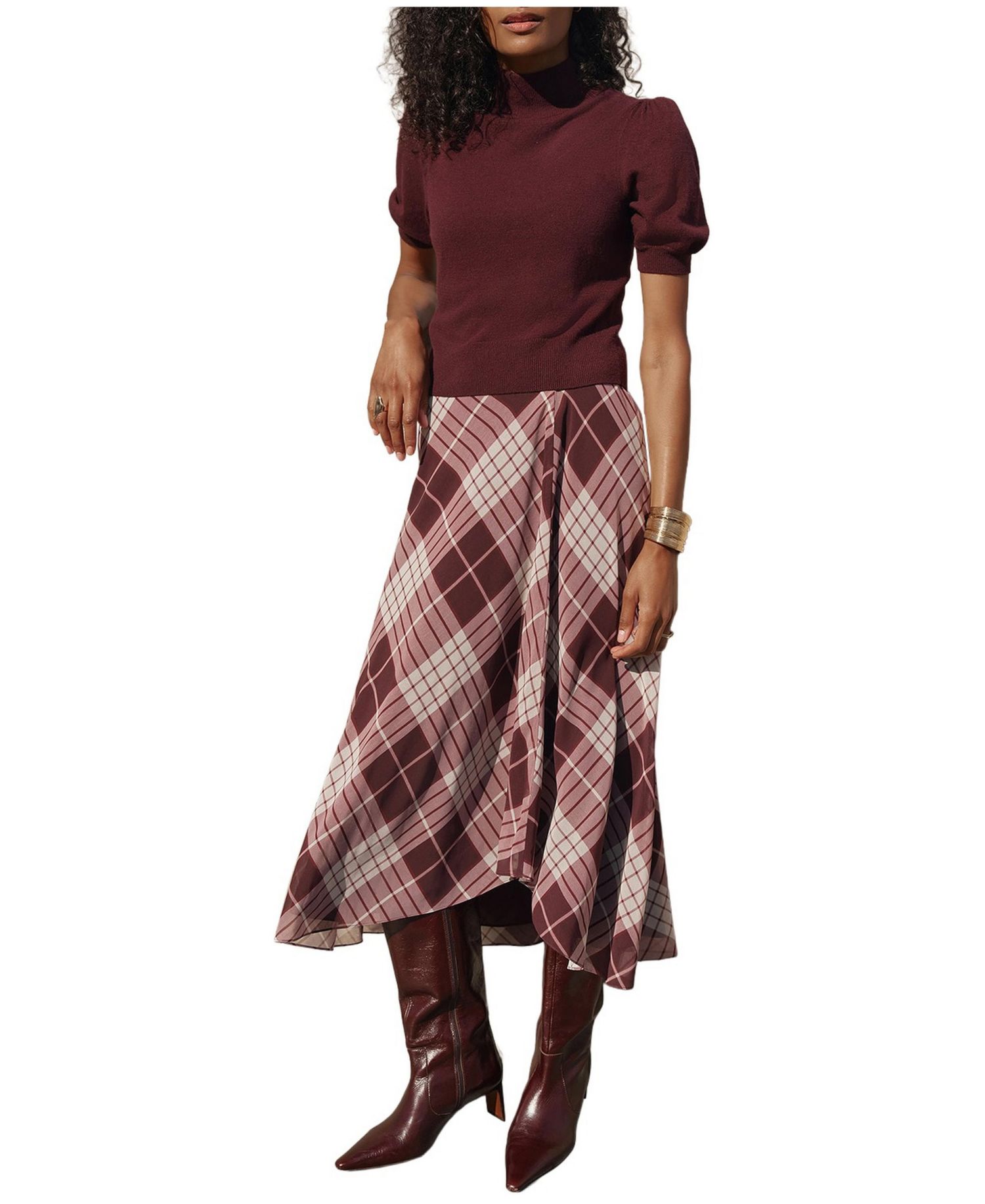 Women's Checked Layered Midi Dress