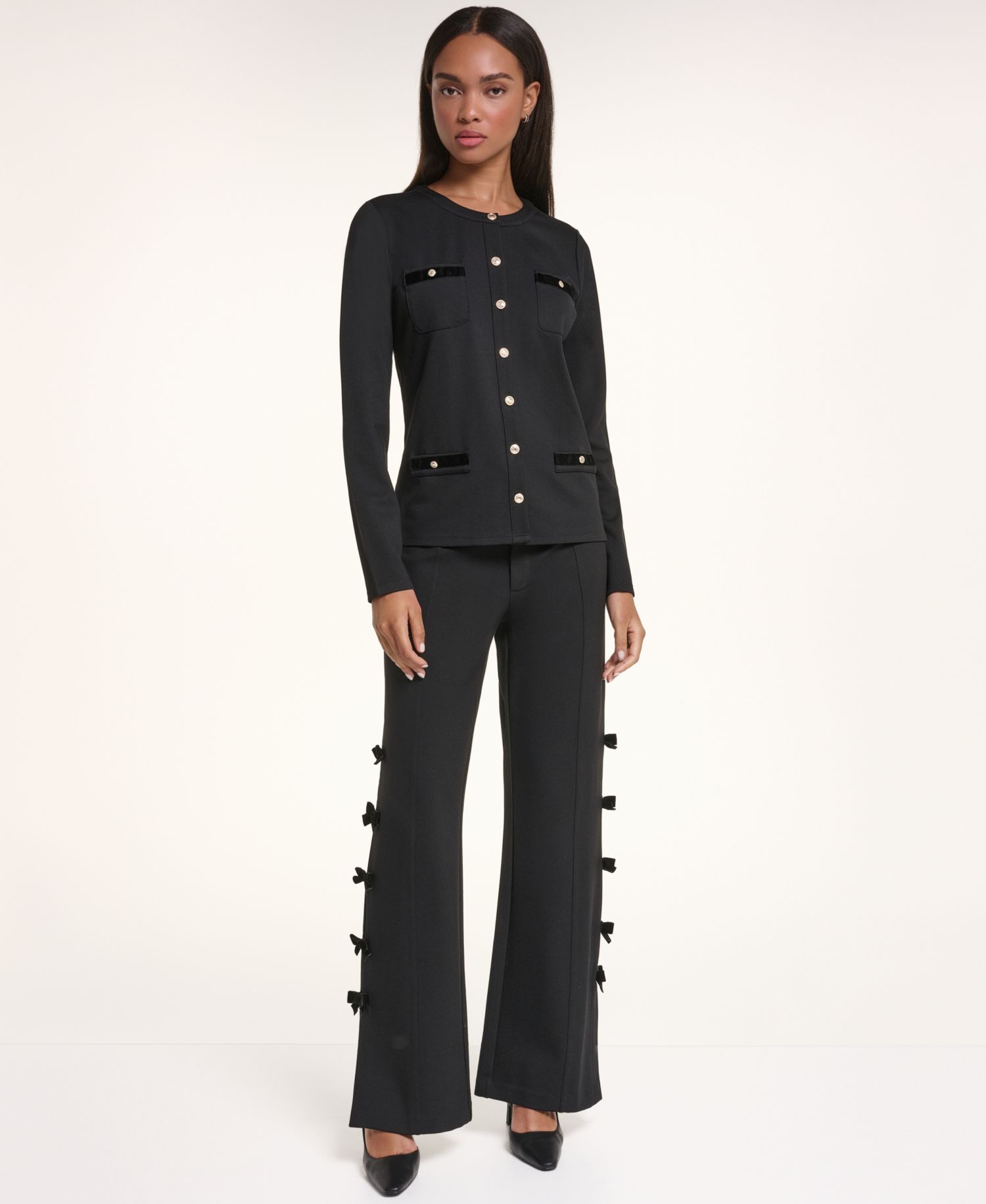 Petite Soft Set Bow Bottom Wide-Leg Velvet Pants