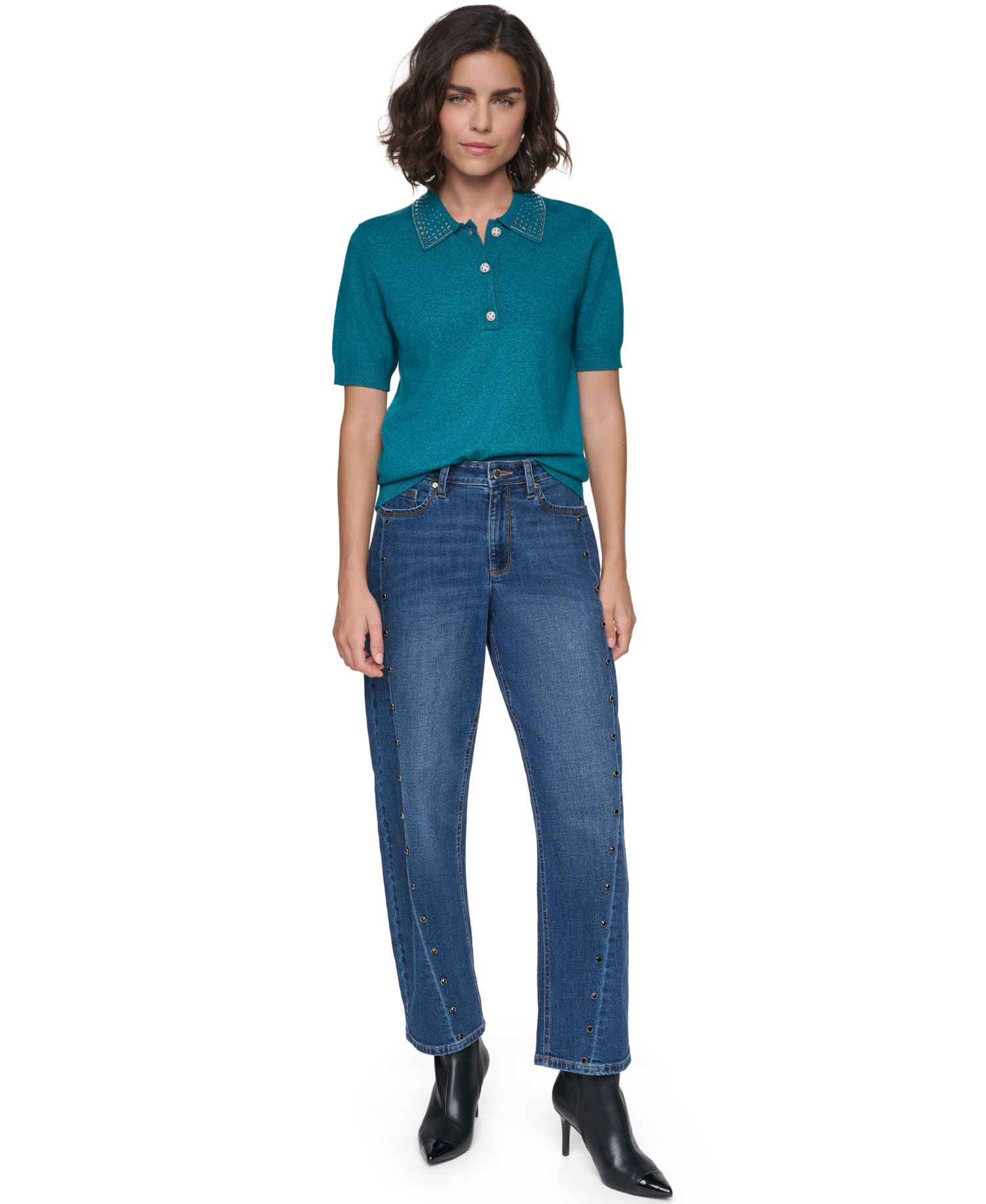 Petite Key Item Short-Sleeve Embellished-Collar Polo Shirt