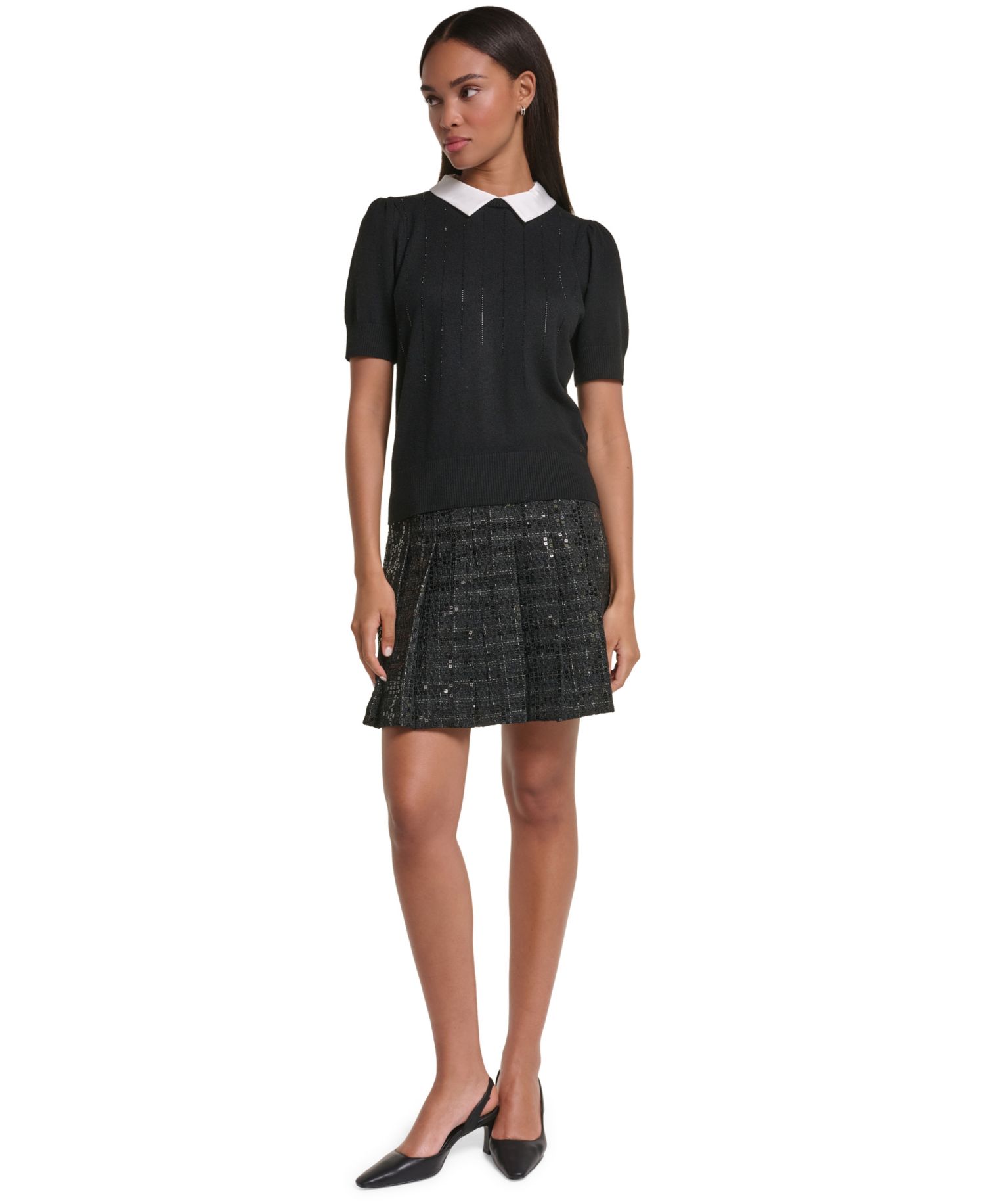 Petite Twofer Short-Sleeve Sparkle Sweater