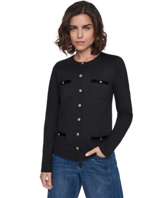 Petite Long-Sleeve Button-Up Crewneck Top
