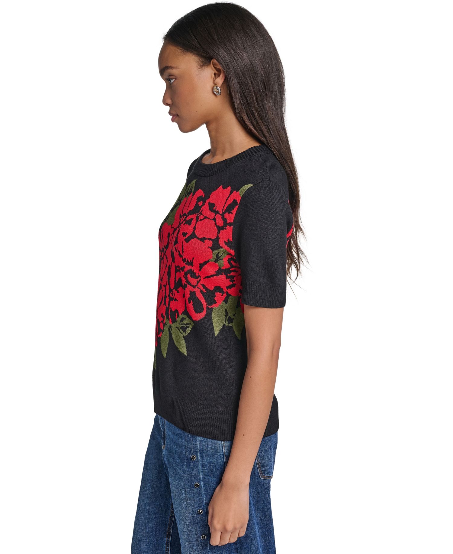 Petite Short-Sleeves Rose Floral Short-Sleeve Crewneck Sweater