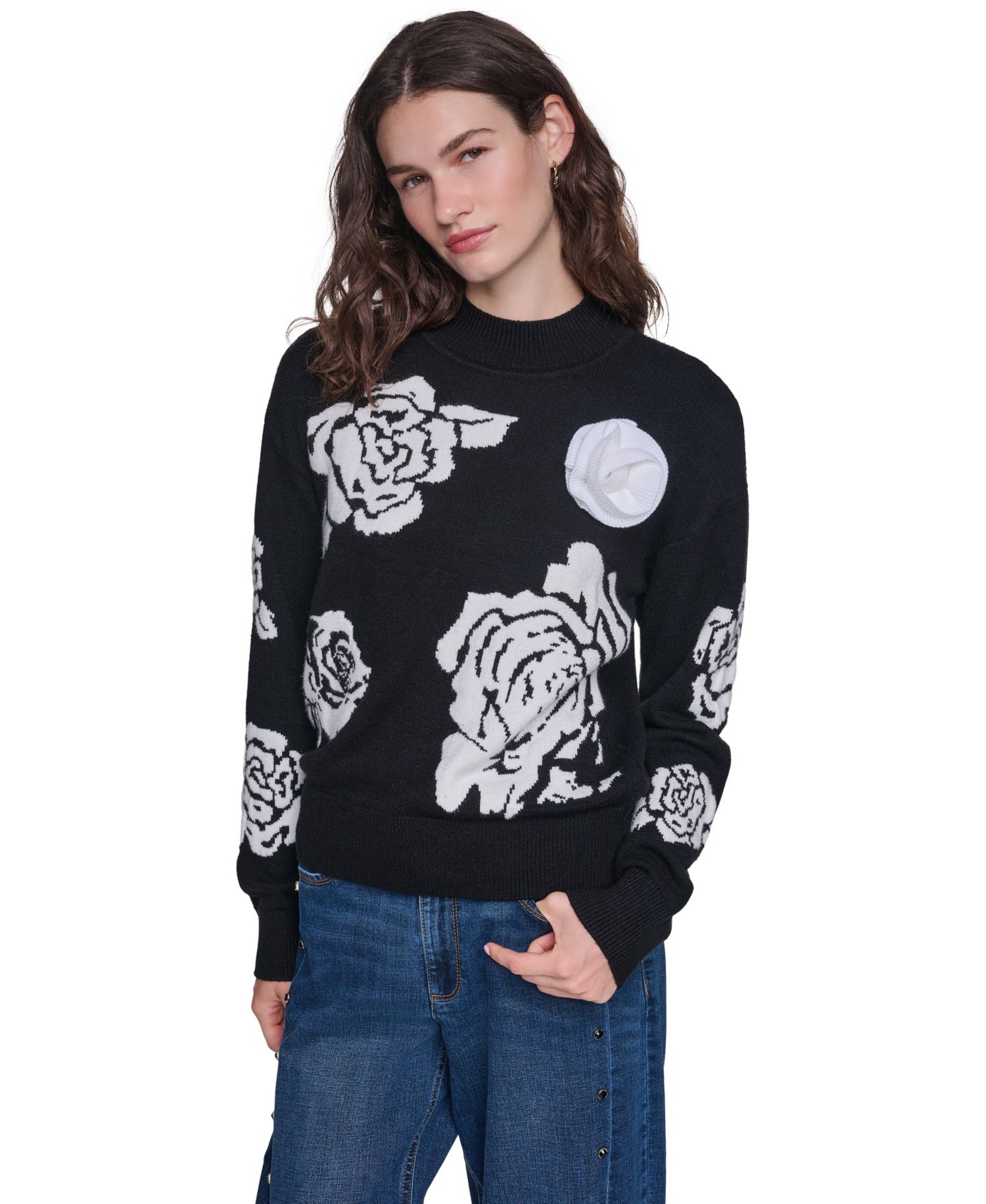 petite Mock-Neck Long-Sleeve Floral Sweater