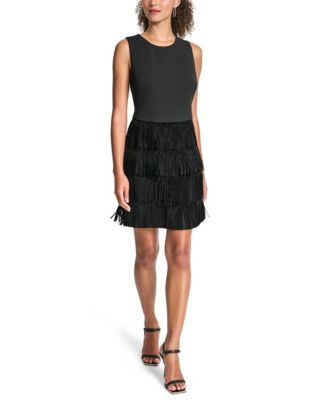 Women's Tiered-Fringe Sleeveless Crewneck Shift Dress