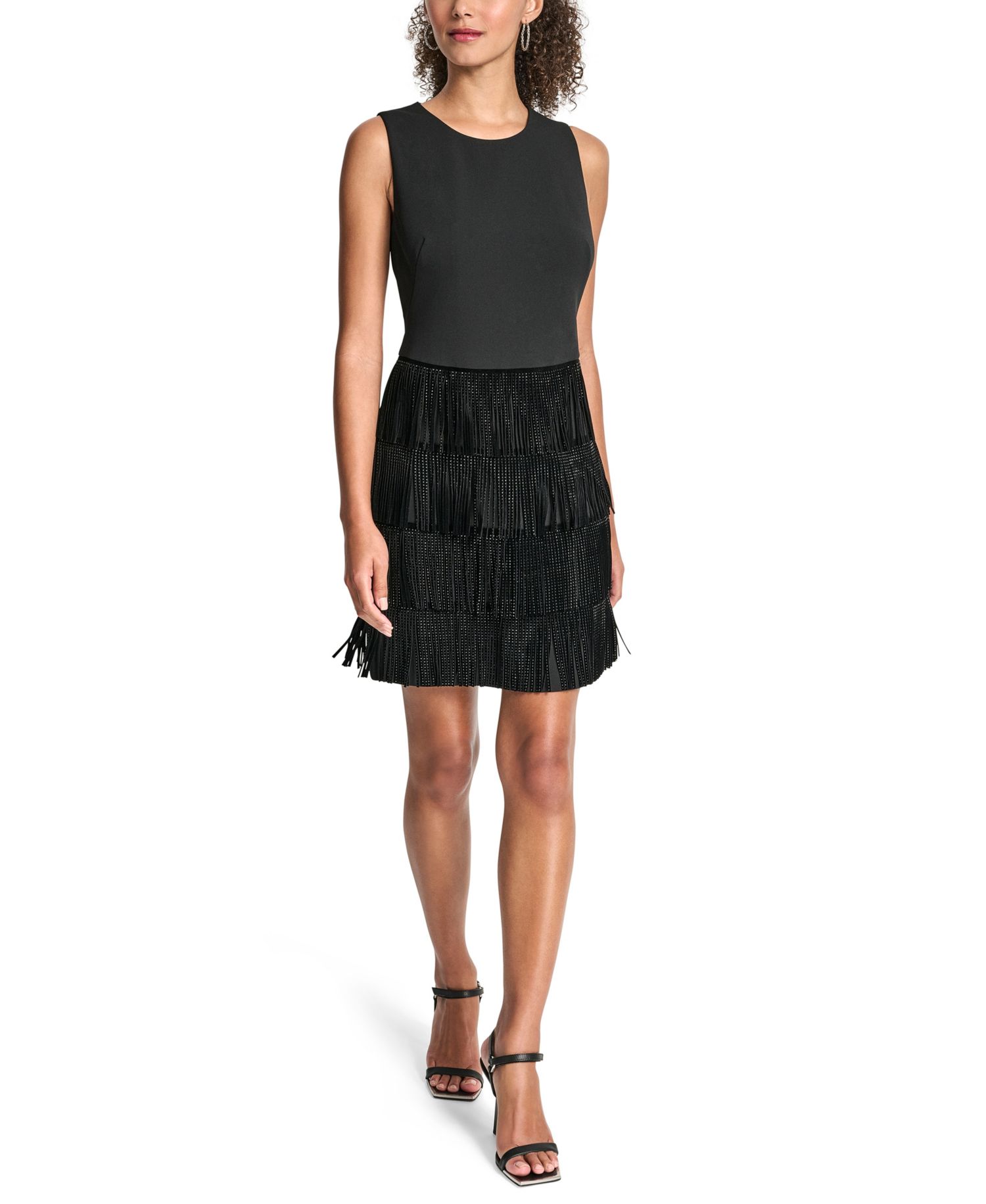 Women's Tiered-Fringe Sleeveless Crewneck Shift Dress