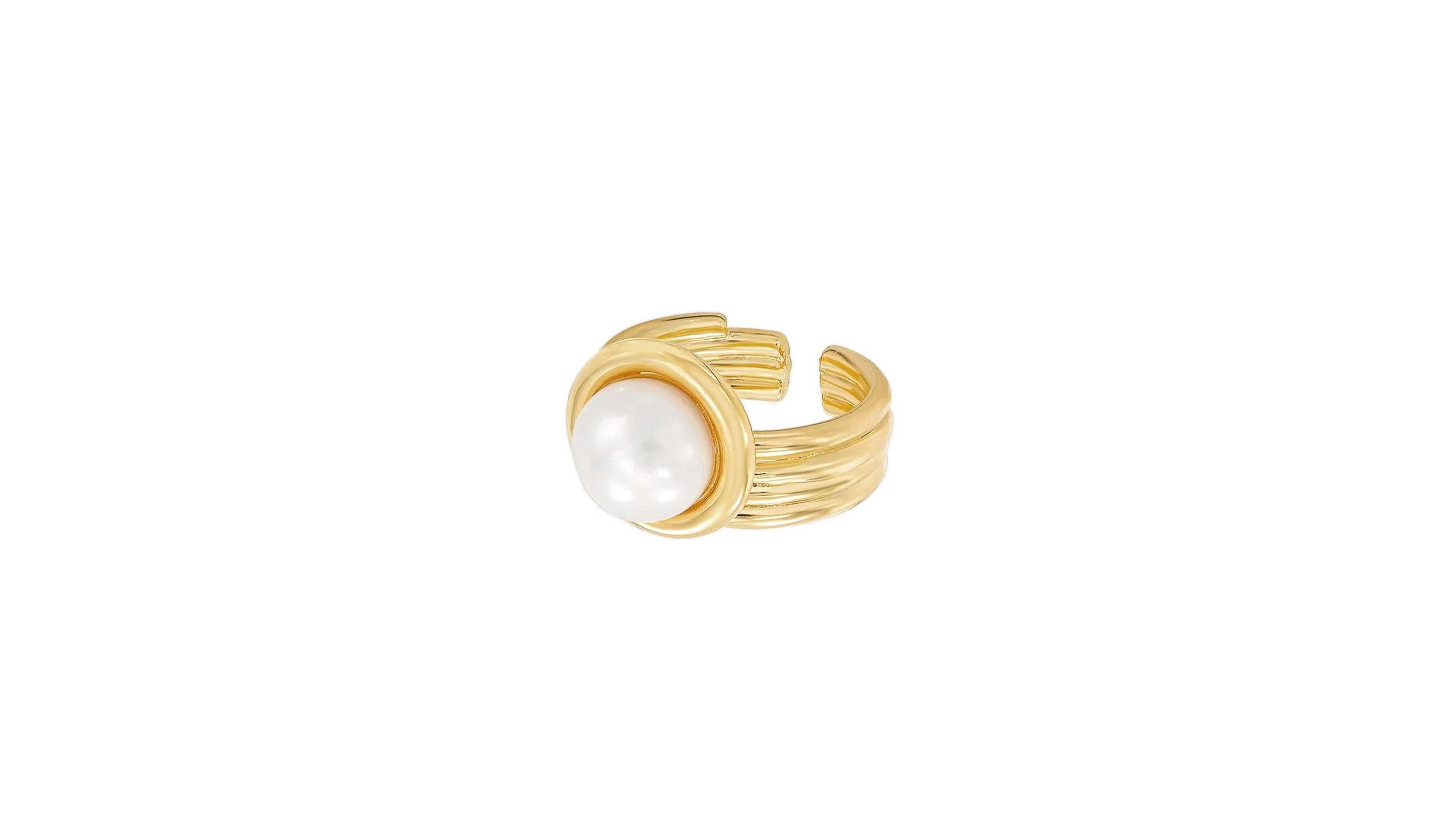 Josh & Chloe Meandro Textured Pearl Statement Adjustable Ring 14k Gold Plated Bold