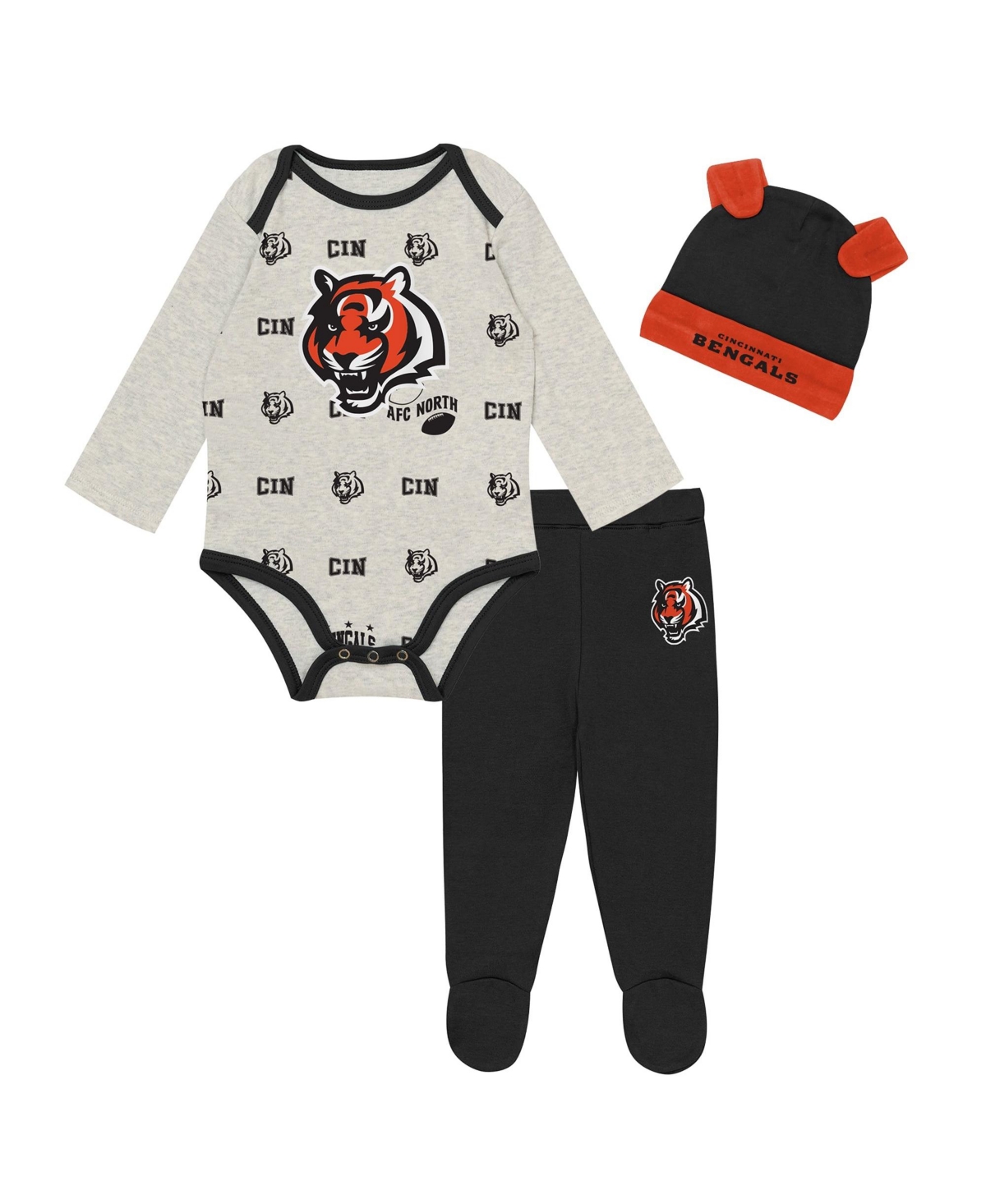 Outerstuff Boys' and Girls' Huddles Giggles Cincinnati Bengals Long-Sleeve Footed Bodysuit, Pants and Hat, 3-Piece Set - Heather Gray, Black