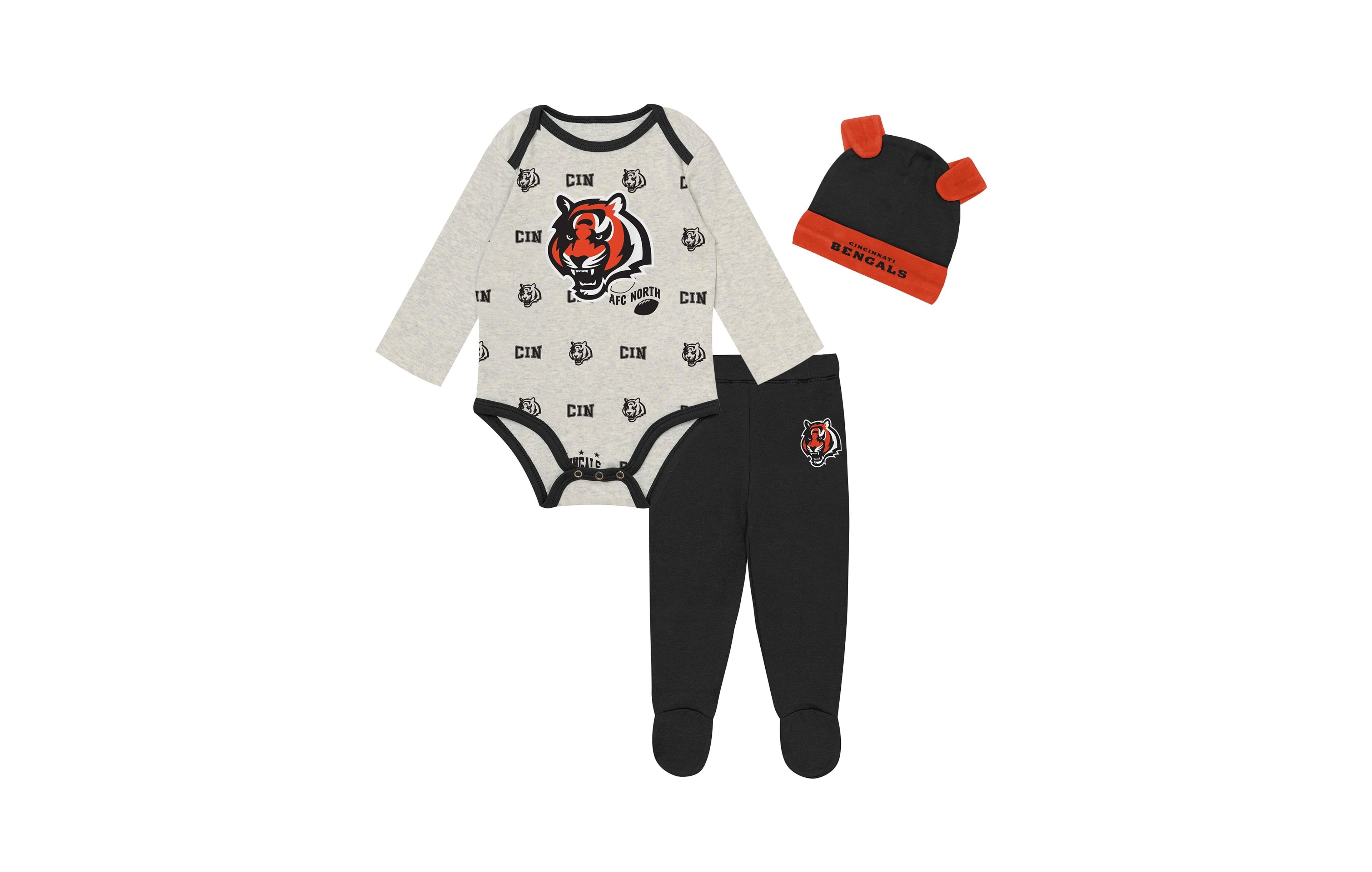 Outerstuff Boys' and Girls' Huddles Giggles Cincinnati Bengals Long-Sleeve Footed Bodysuit, Pants Hat, 3-Piece Set