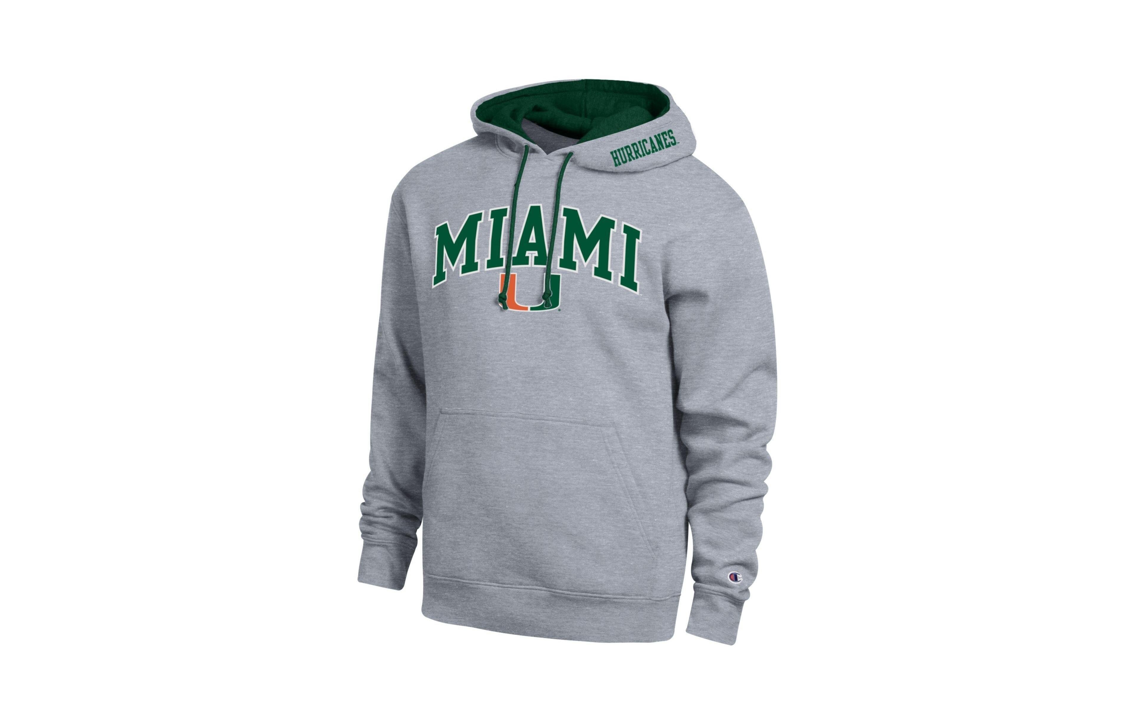 Champion Men's Miami Hurricanes Tackle Twill Graphics Kangaroo Pocket Hoodie