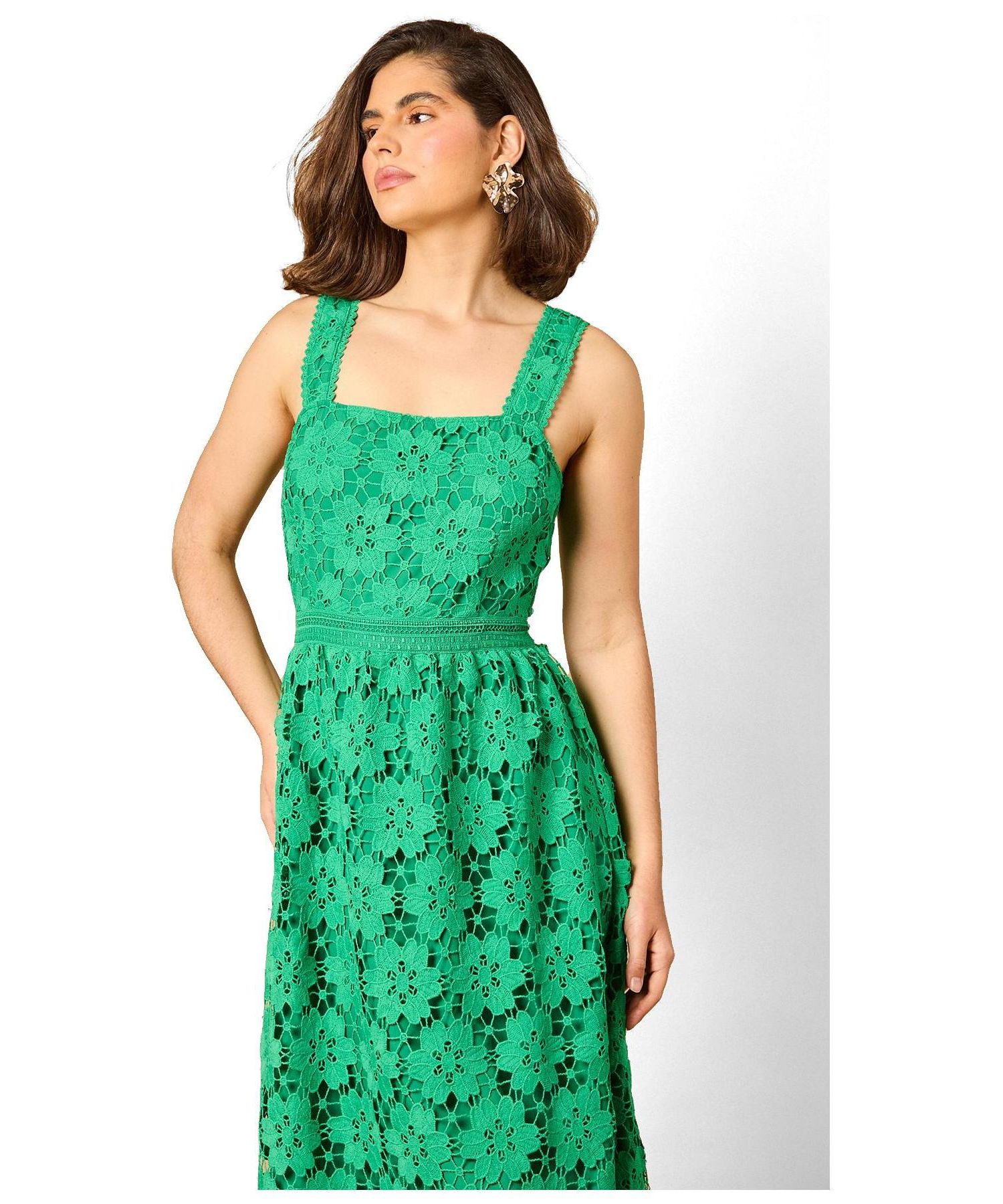 Women's Floral Lace Square Neck Midi Dress