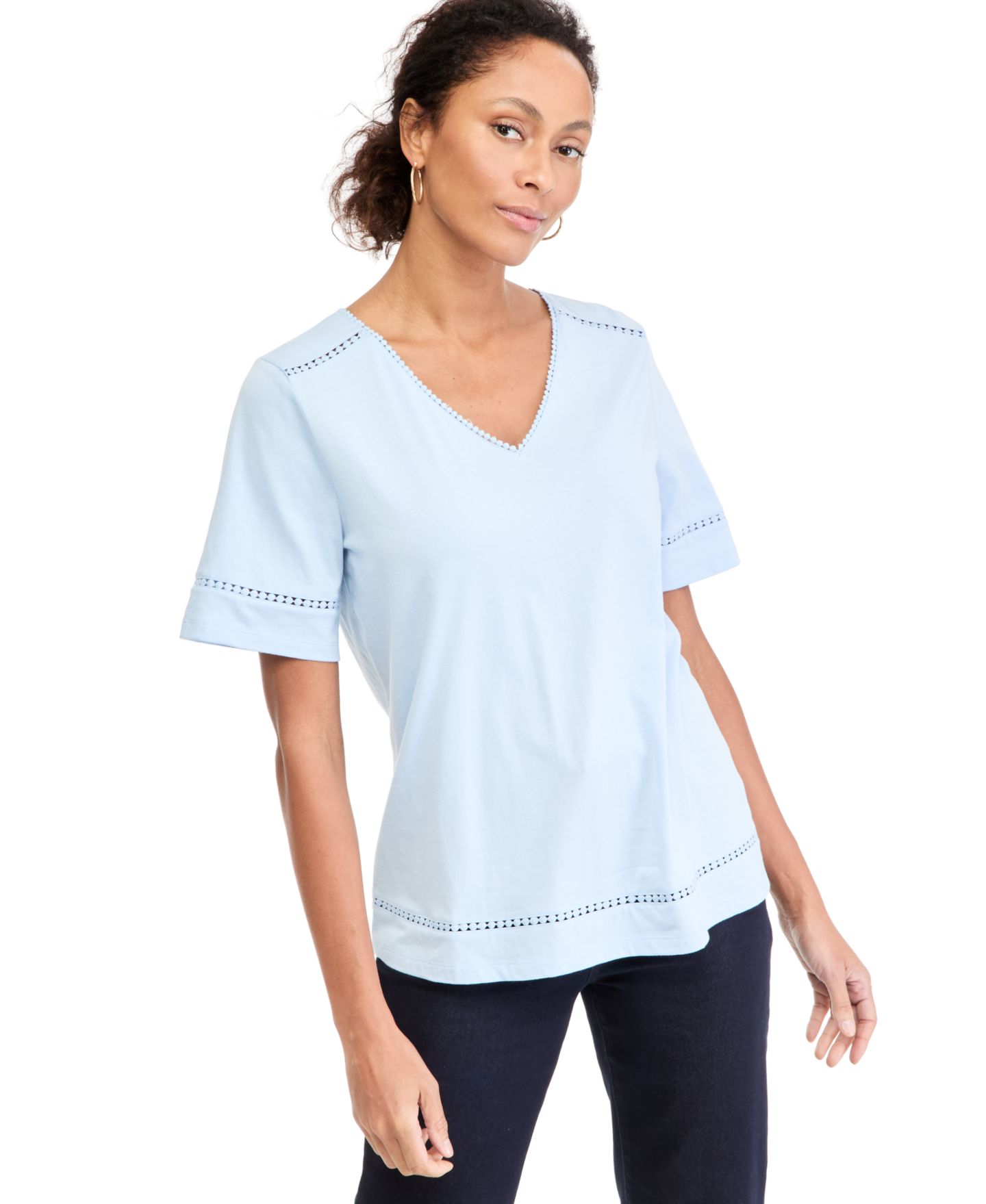 Женский топ Style & Co Petite V-Neck Pom-Pom Trim, цвет: Pale French — фото 1