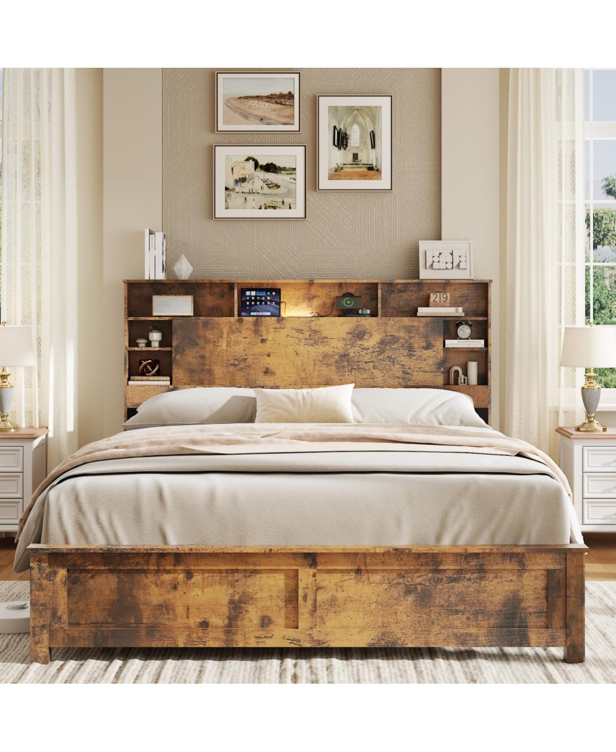 Rainsken Wood Platform Bed Frame with Led Storage Headboard, Usb Charging Station, Bookcase